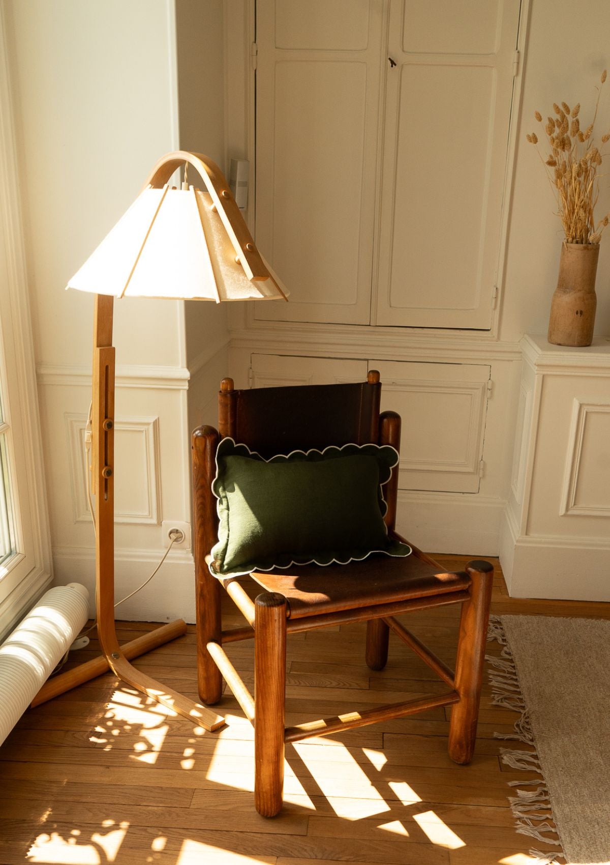 Le coussin rectangulaire en lin festonné Vert forêt & Blanc