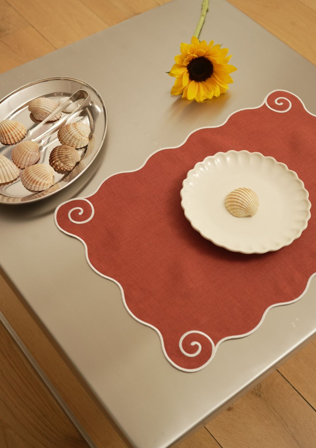 Volute Placemat in Red Ochre & White Linen