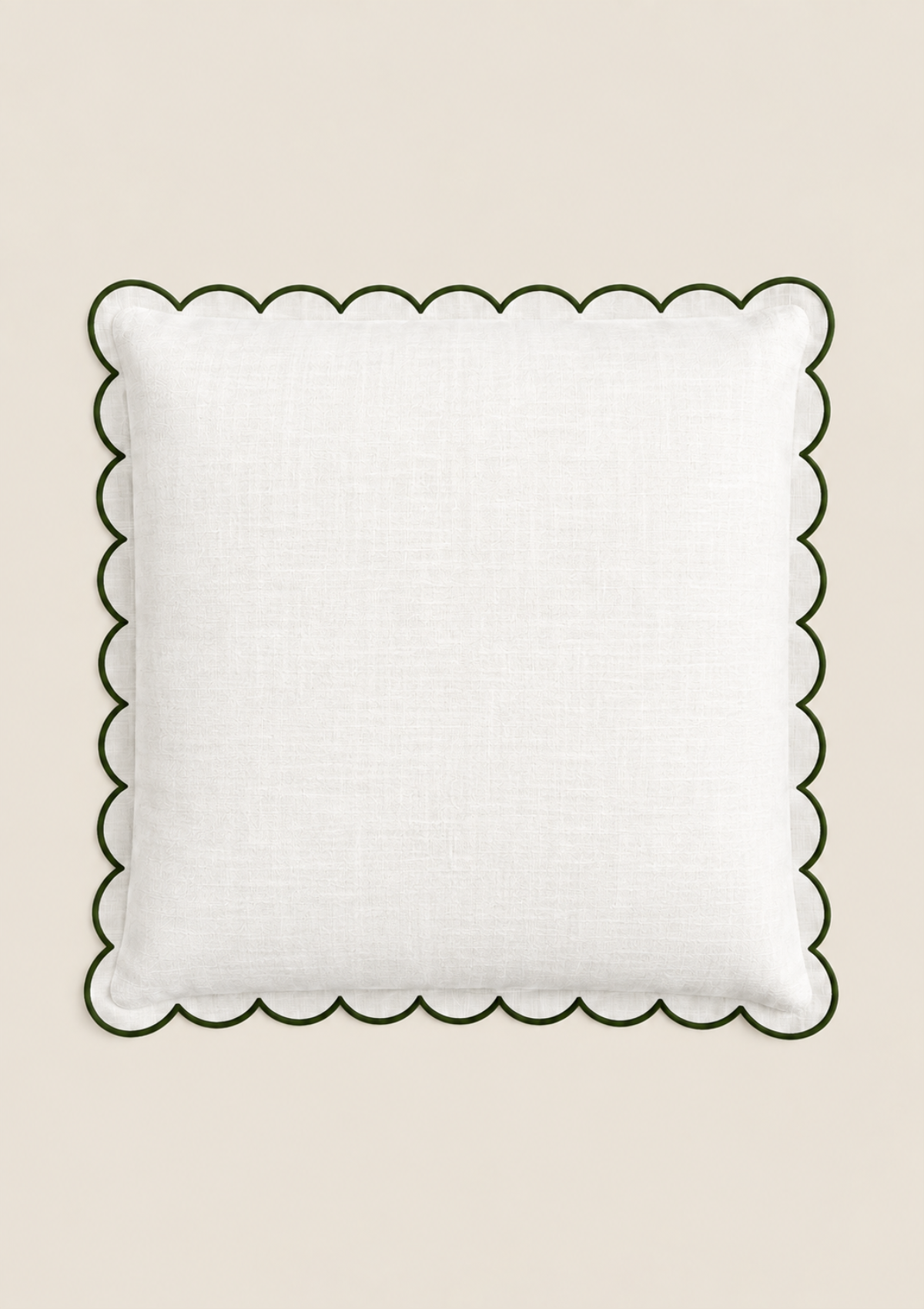 The square scalloped linen cushion White & Forest green
