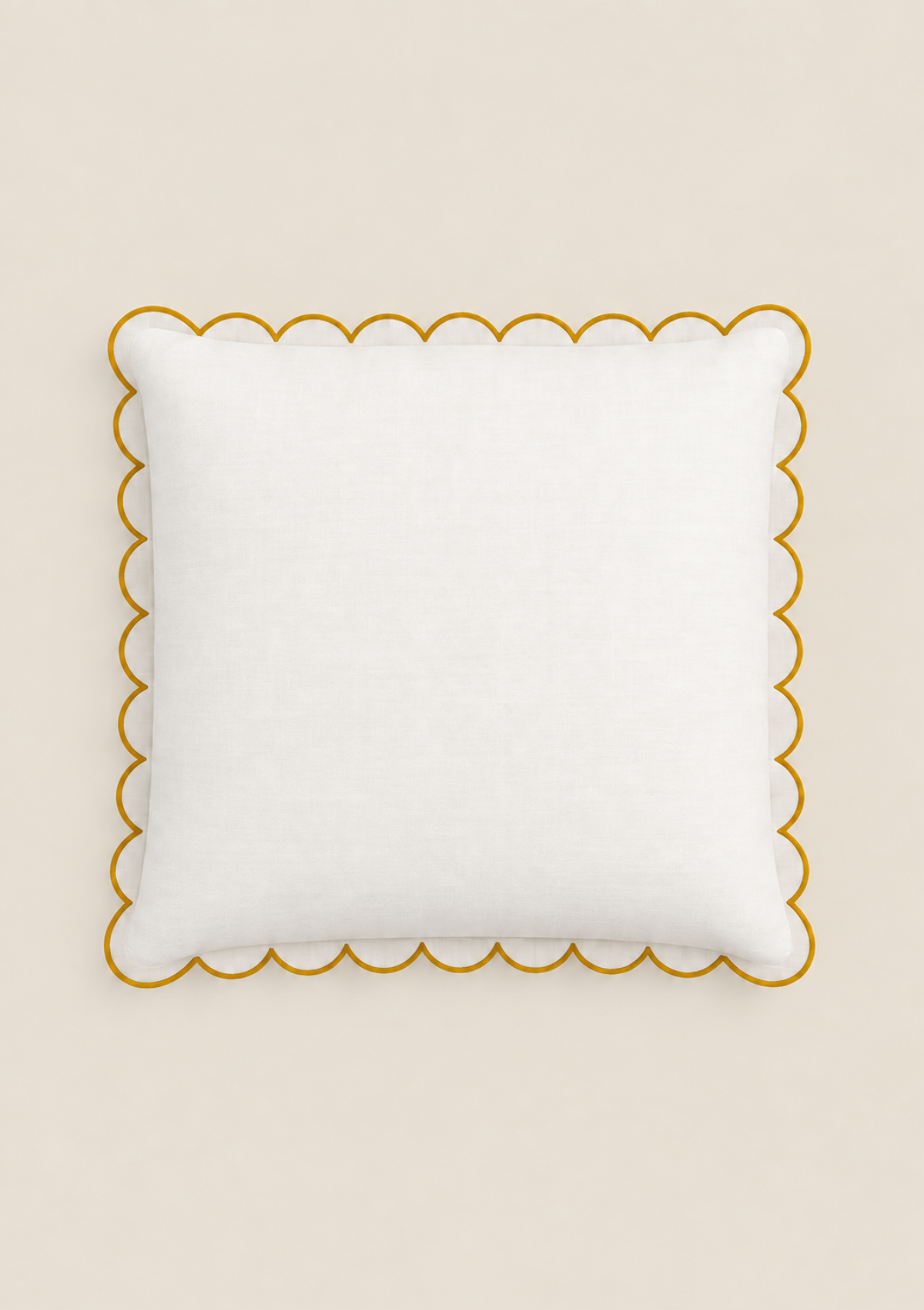 The square scalloped linen cushion in White & Yellow ocher