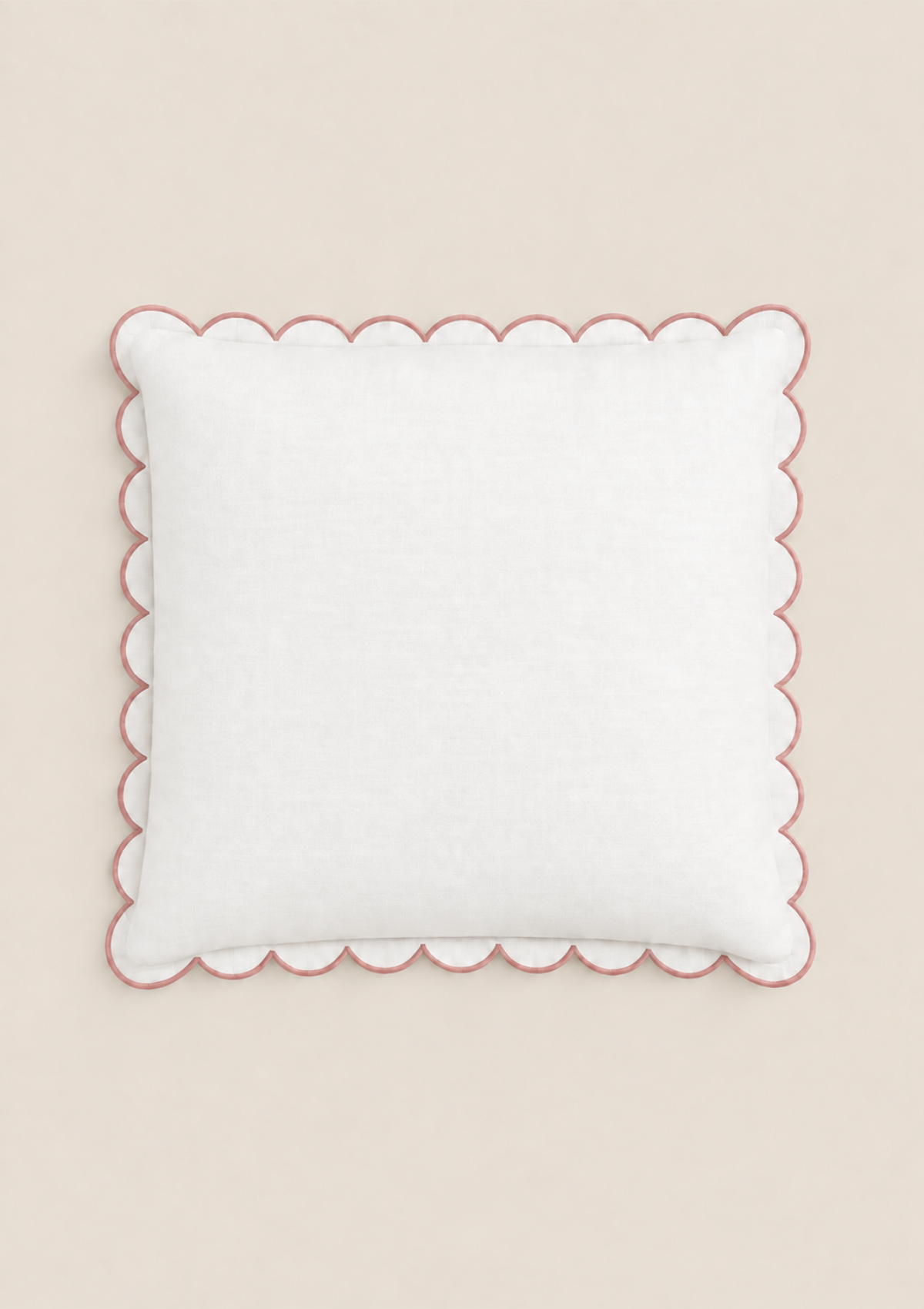 Square scalloped linen cushion White & Powder pink