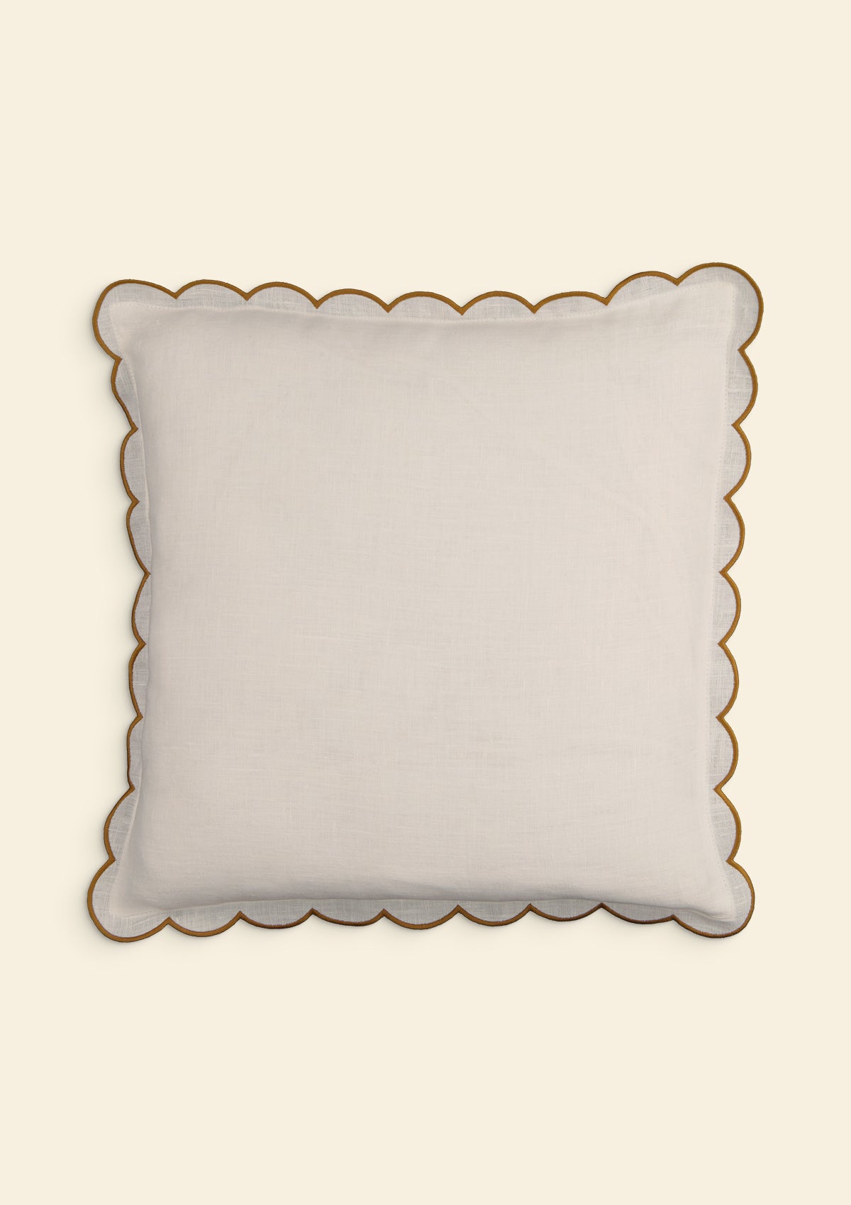 The square scalloped linen cushion in White & Yellow ocher