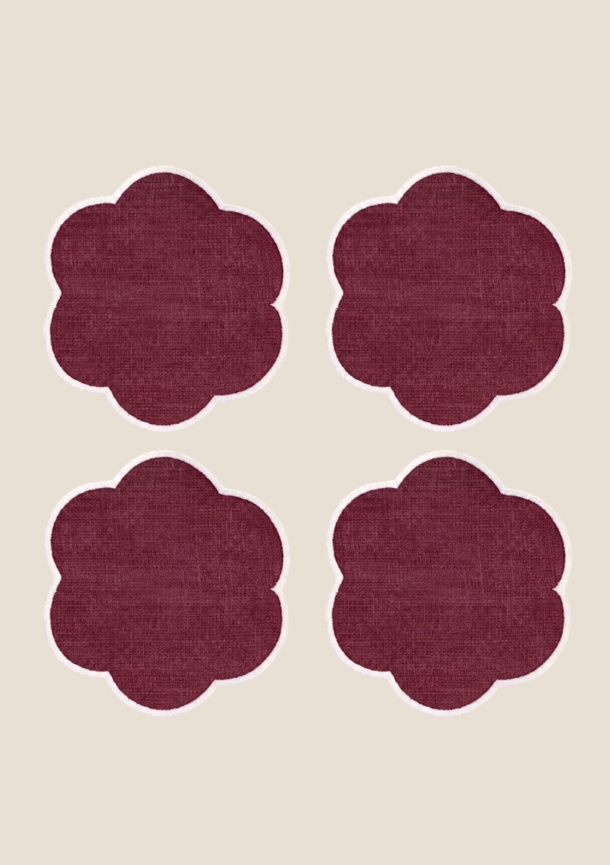 Bordeaux & White Scalloped Linen Coasters (set of 4)