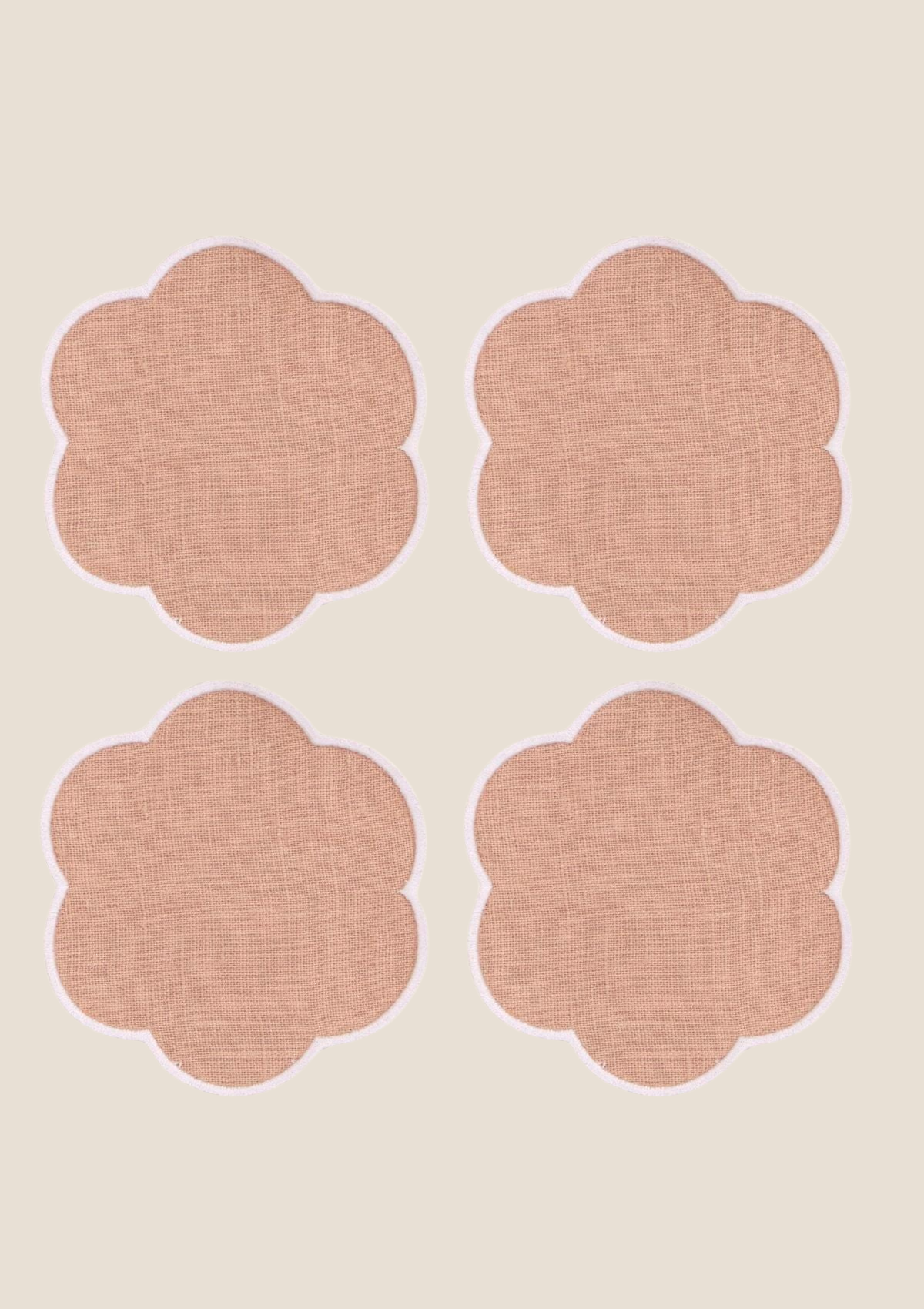 Les dessous de verre festonnés en lin Rose poudré & Blanc (lot de 4)