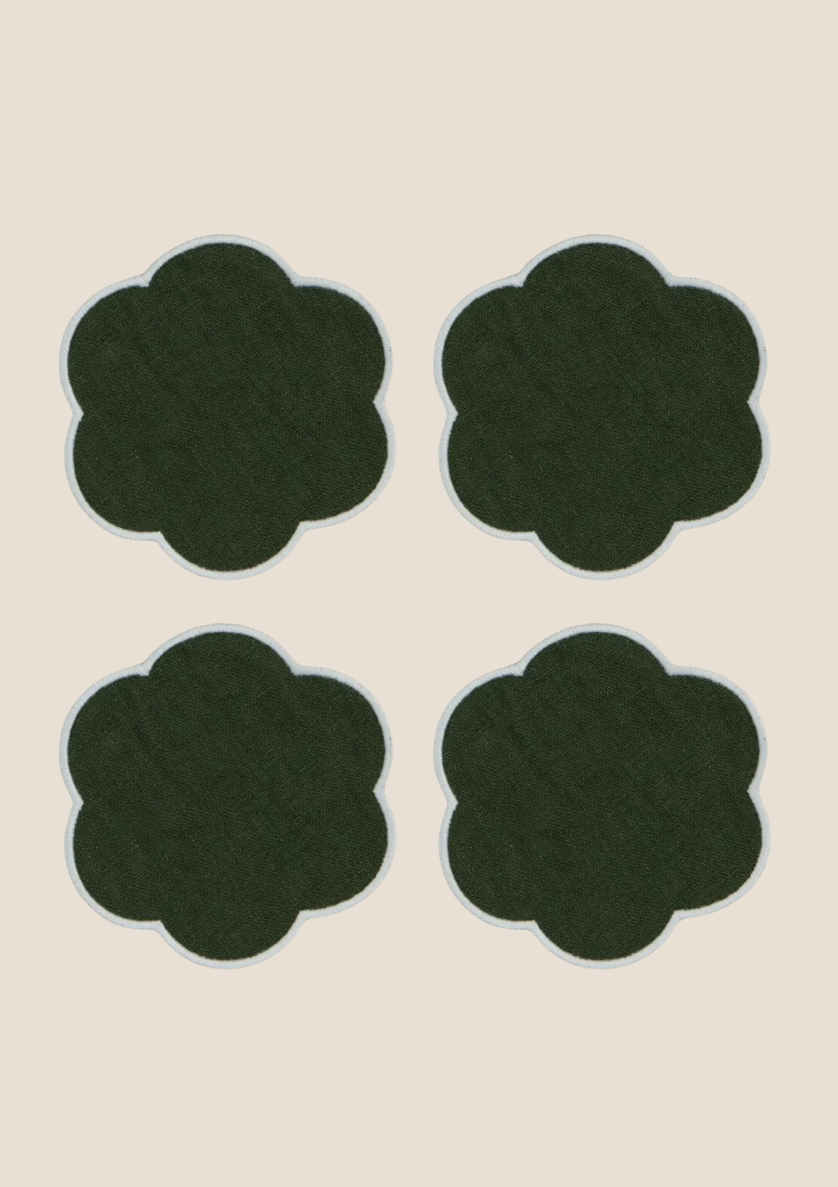 Les dessous de verre festonnés en lin Vert forêt & Blanc (lot de 4)