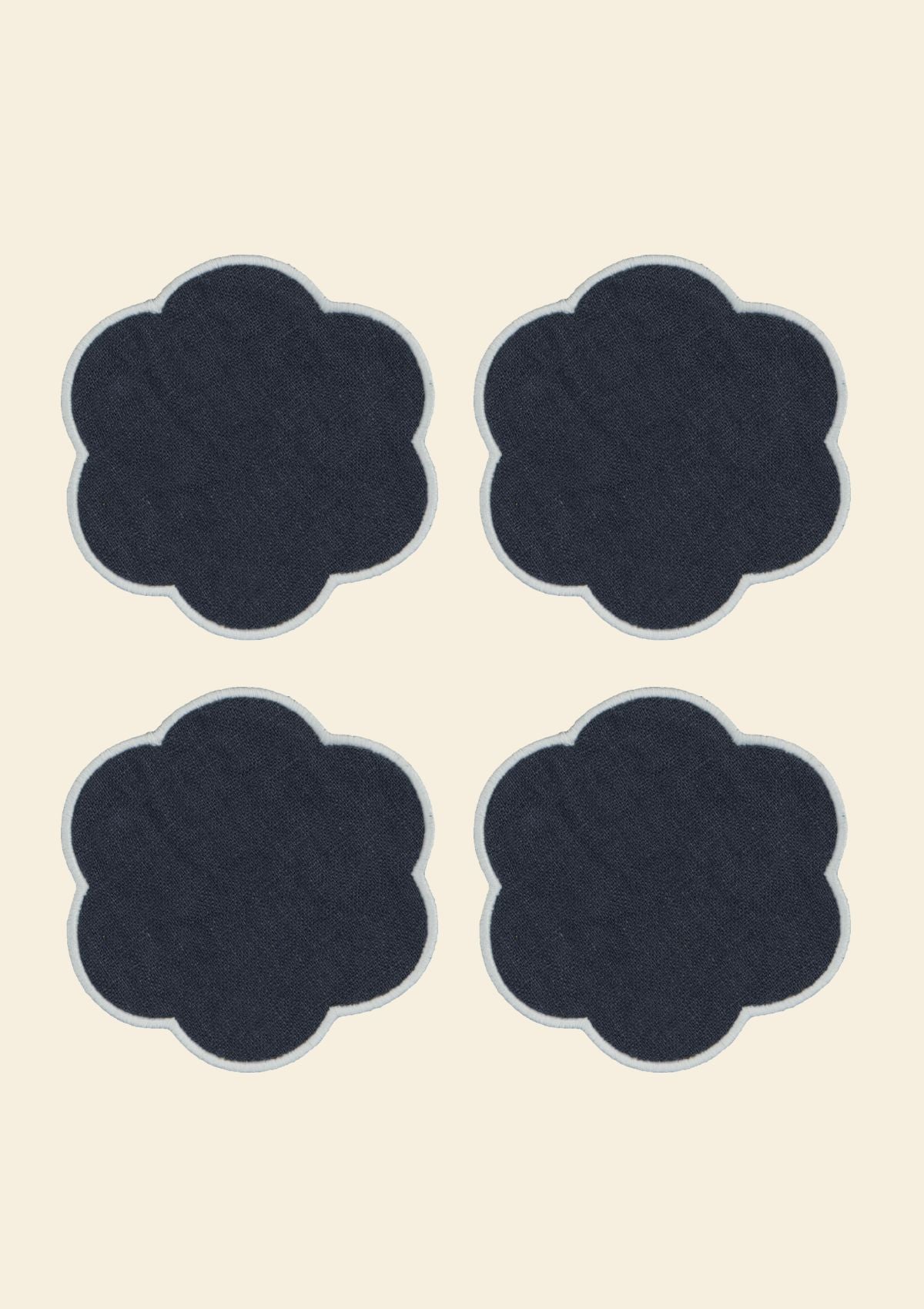 Slate blue & white scalloped linen coasters (set of 4)