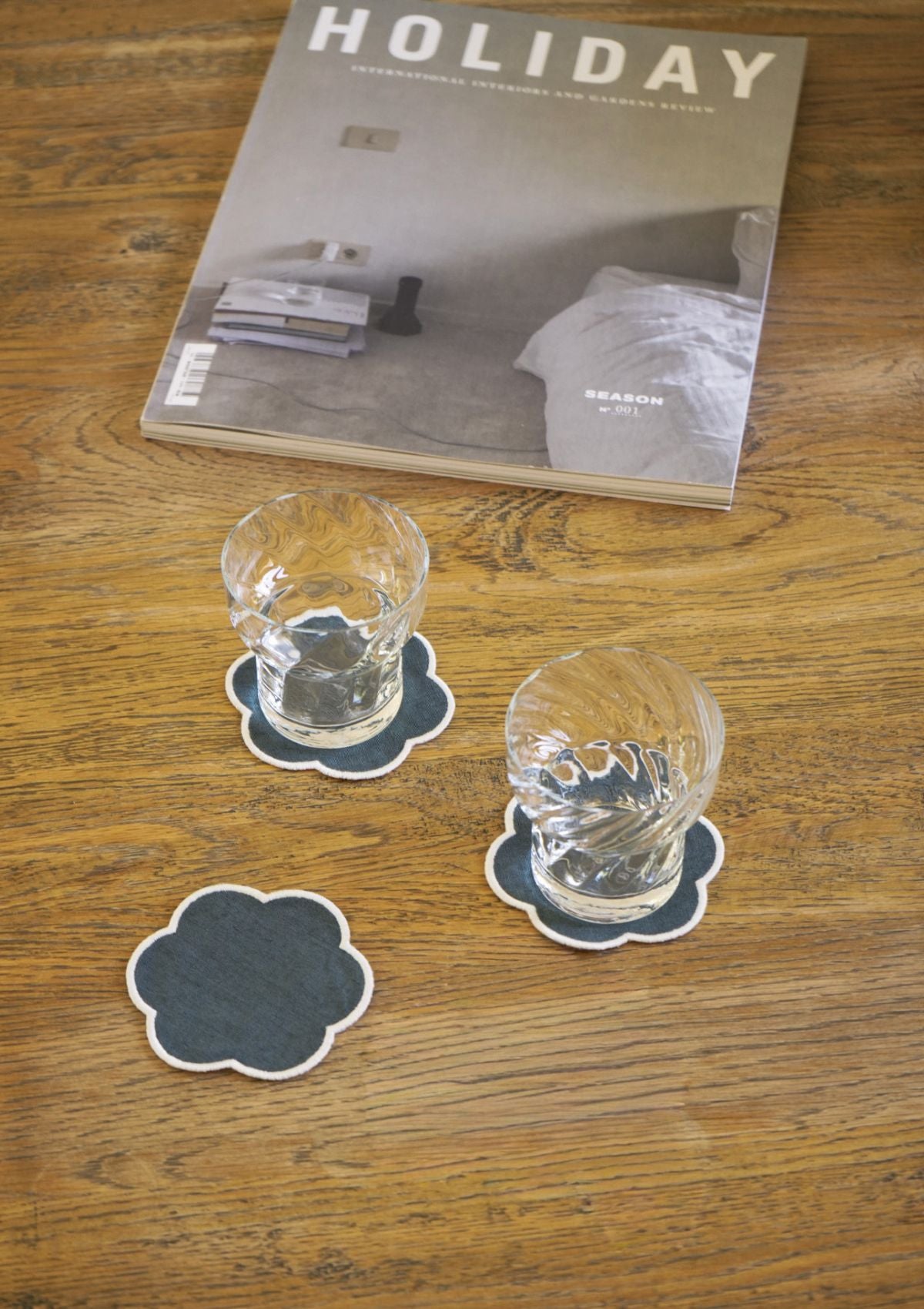 Peacock Blue & White Scalloped Linen Coasters (set of 4)