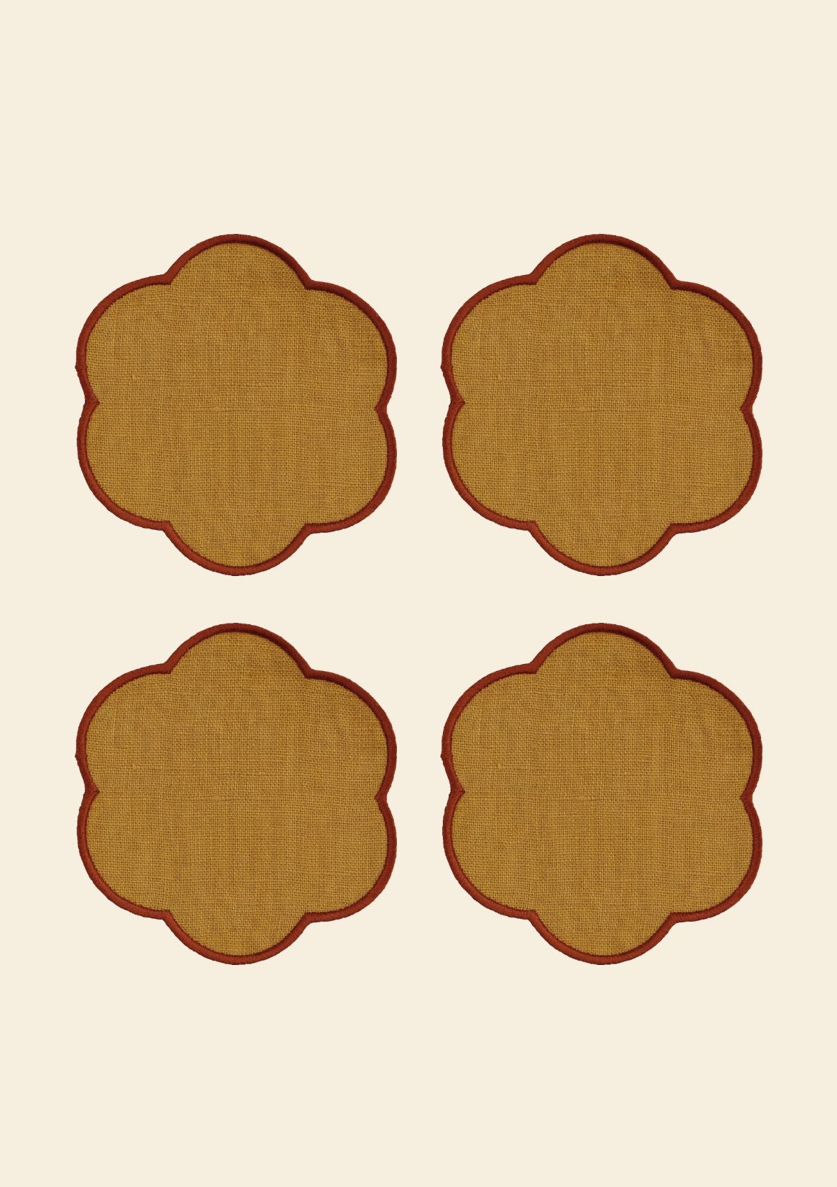 Yellow ocher and red ocher scalloped linen coasters (set of 4)