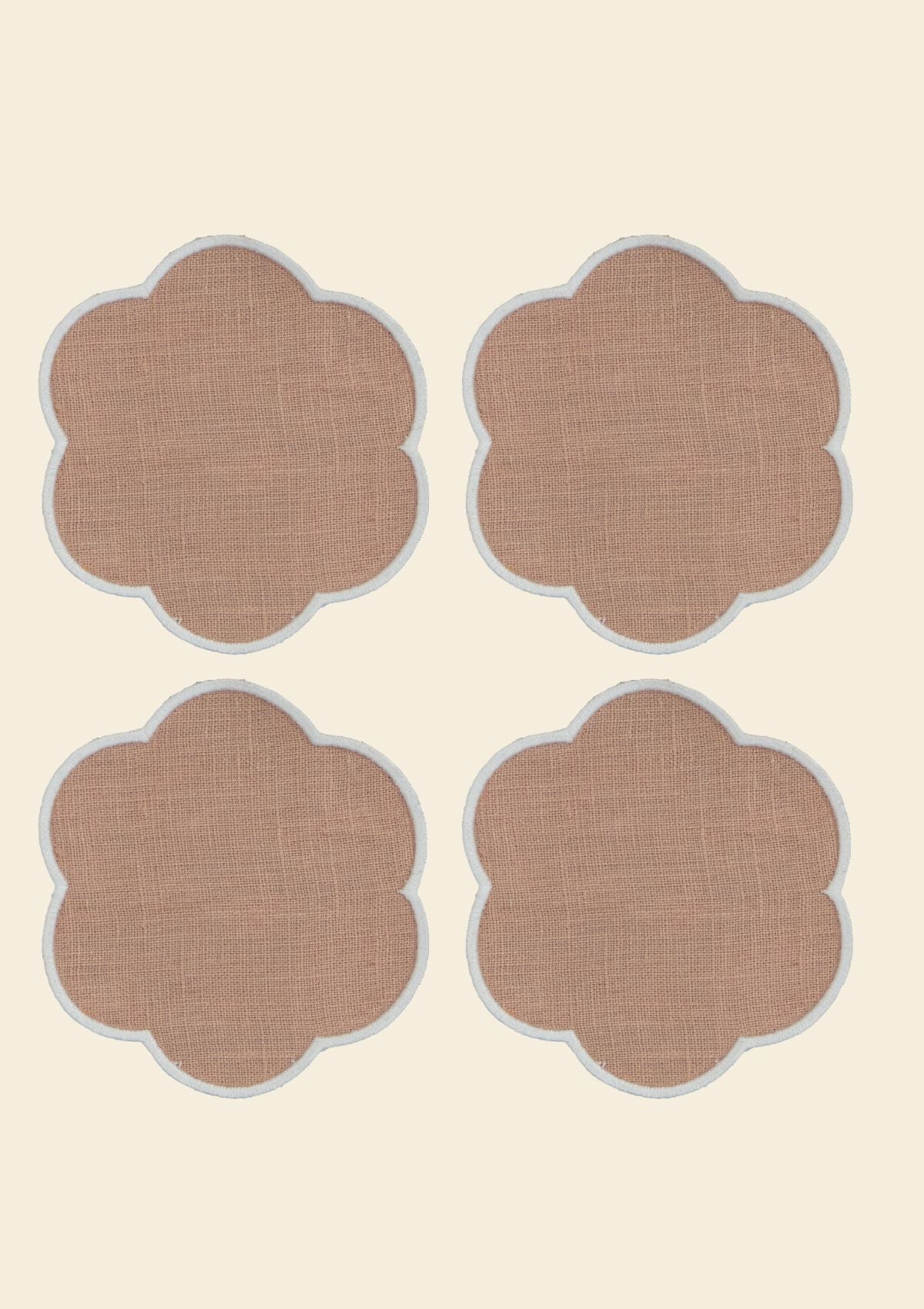 Les dessous de verre festonnés en lin Rose poudré & Blanc (lot de 4)