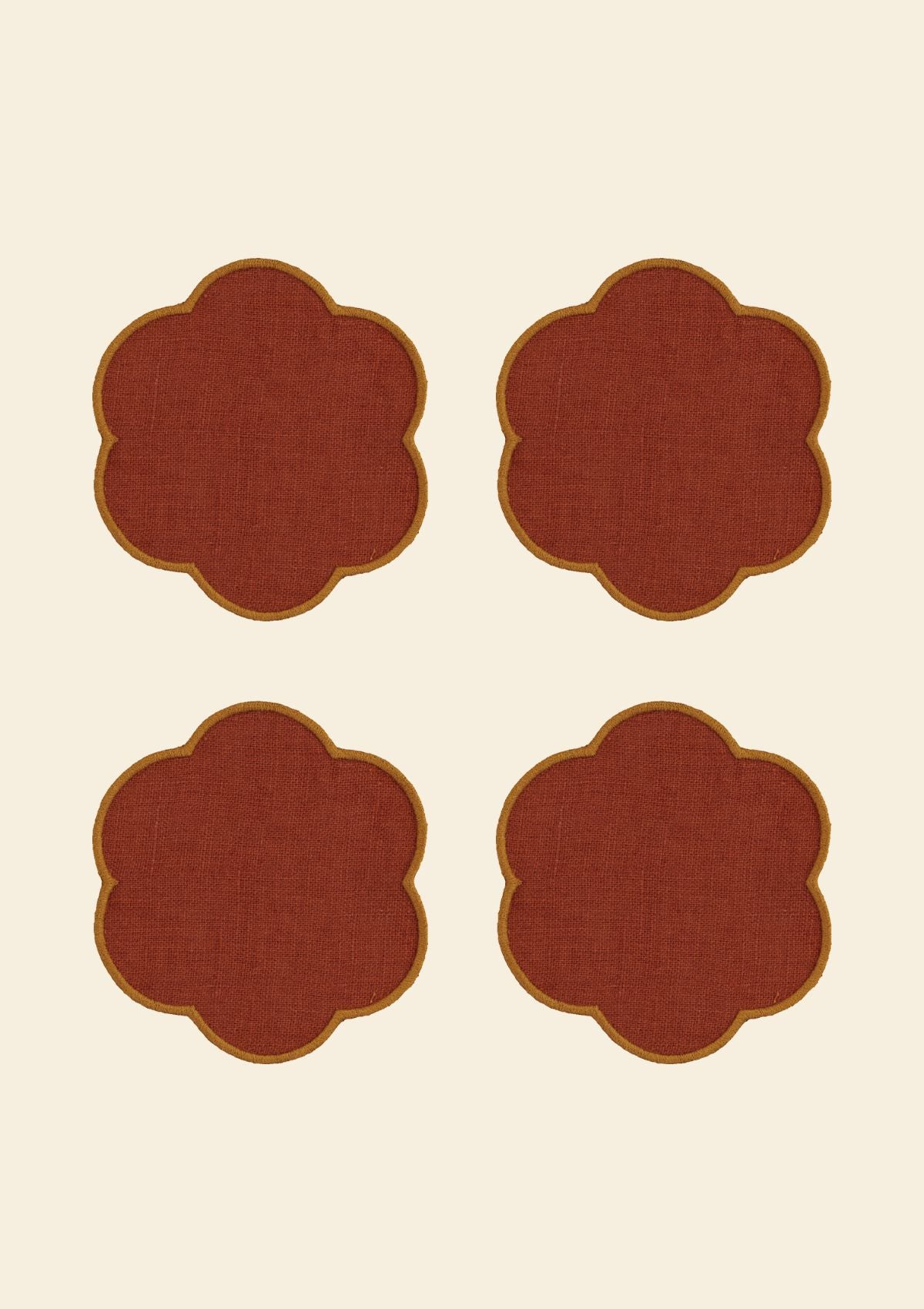 Red ocher & yellow ocher scalloped linen coasters (set of 4)