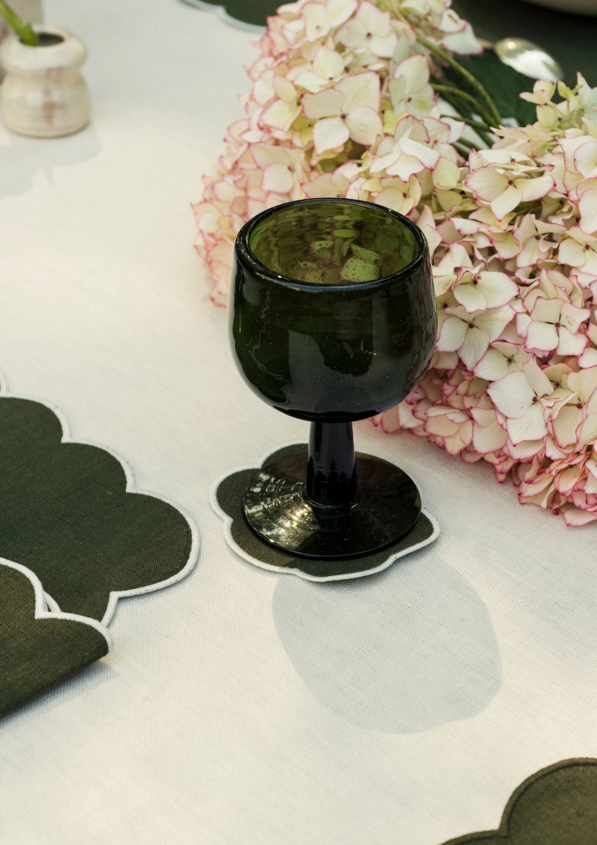 Forest green & white scalloped linen coasters (set of 4)