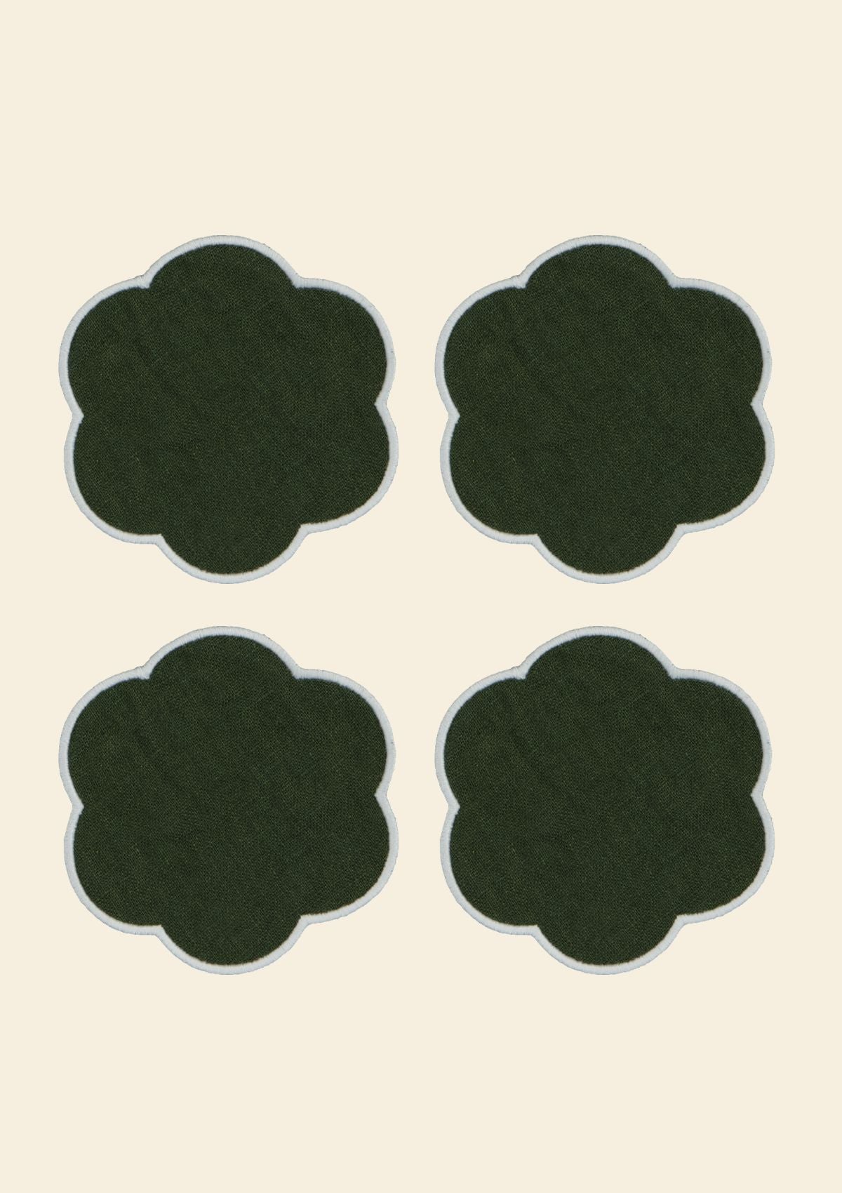 Forest green & white scalloped linen coasters (set of 4)