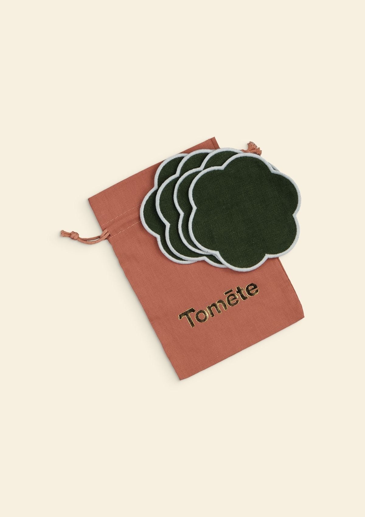 Les dessous de verre festonnés en lin Vert forêt & Blanc (lot de 4)