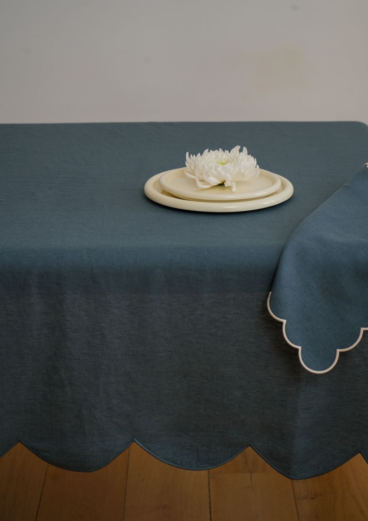 The Peacock Blue Scalloped Linen Tablecloth