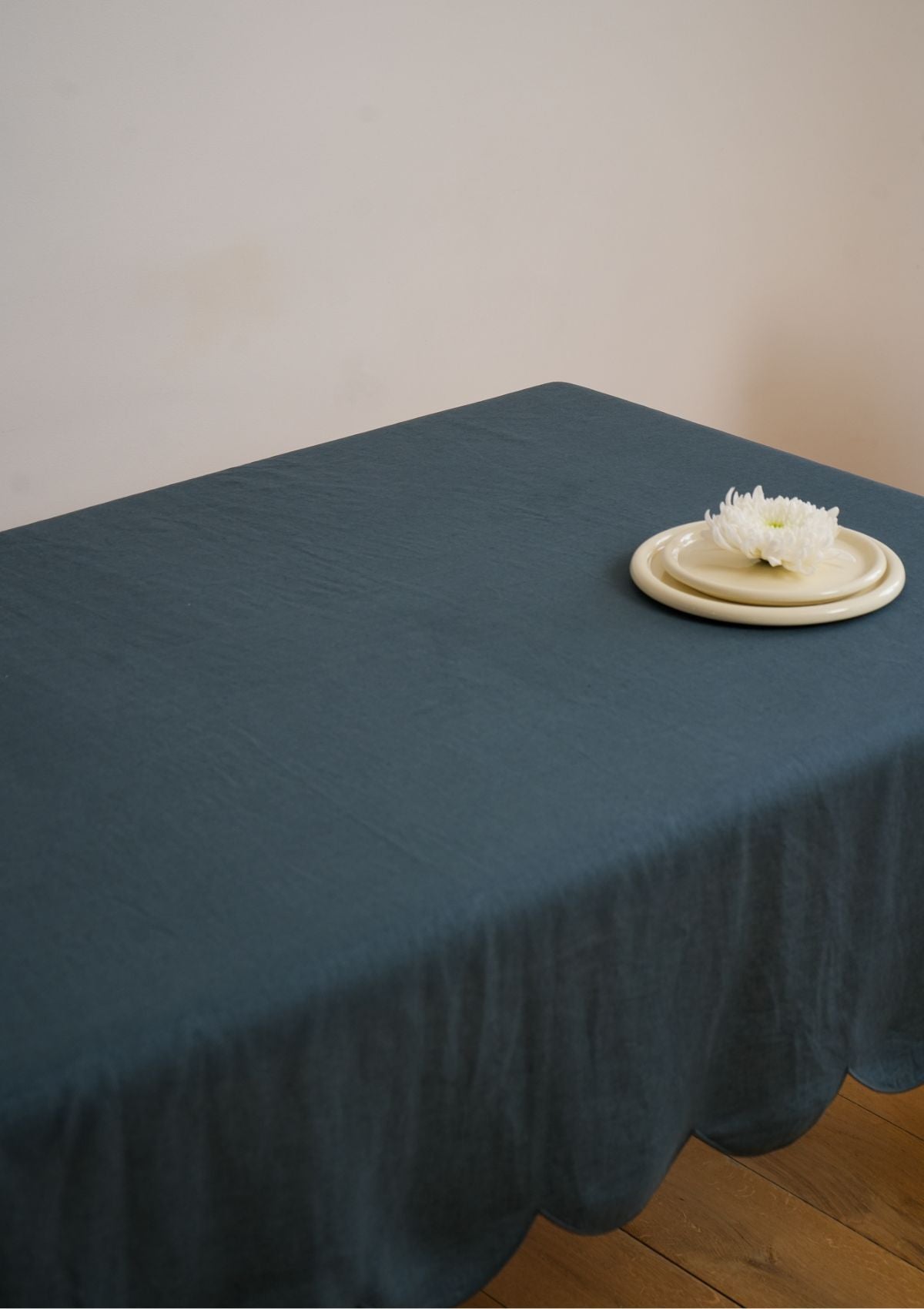 The Peacock Blue Scalloped Linen Tablecloth