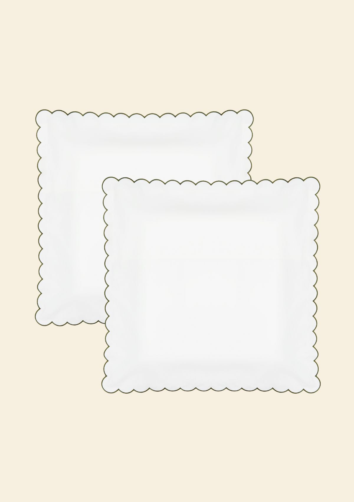 Scalloped pillowcases in white and forest green cotton percale (set of 2)