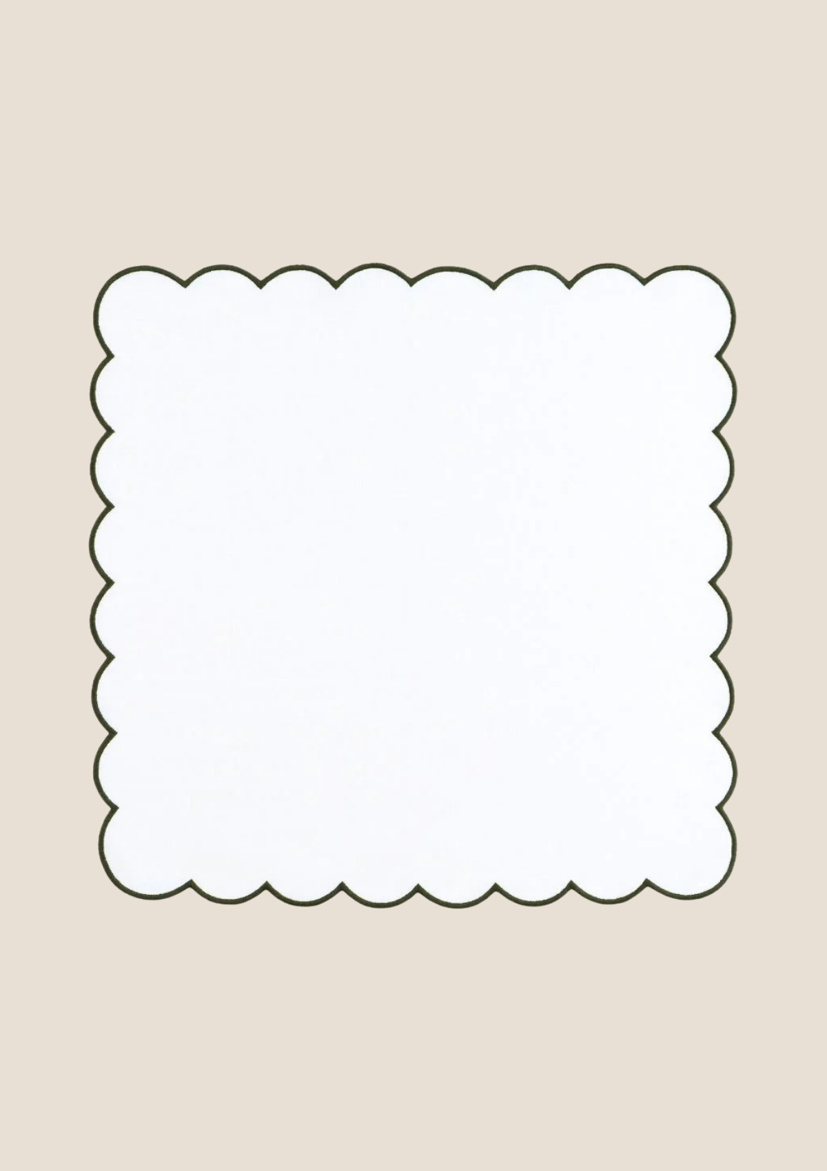 White & forest green scalloped linen napkin
