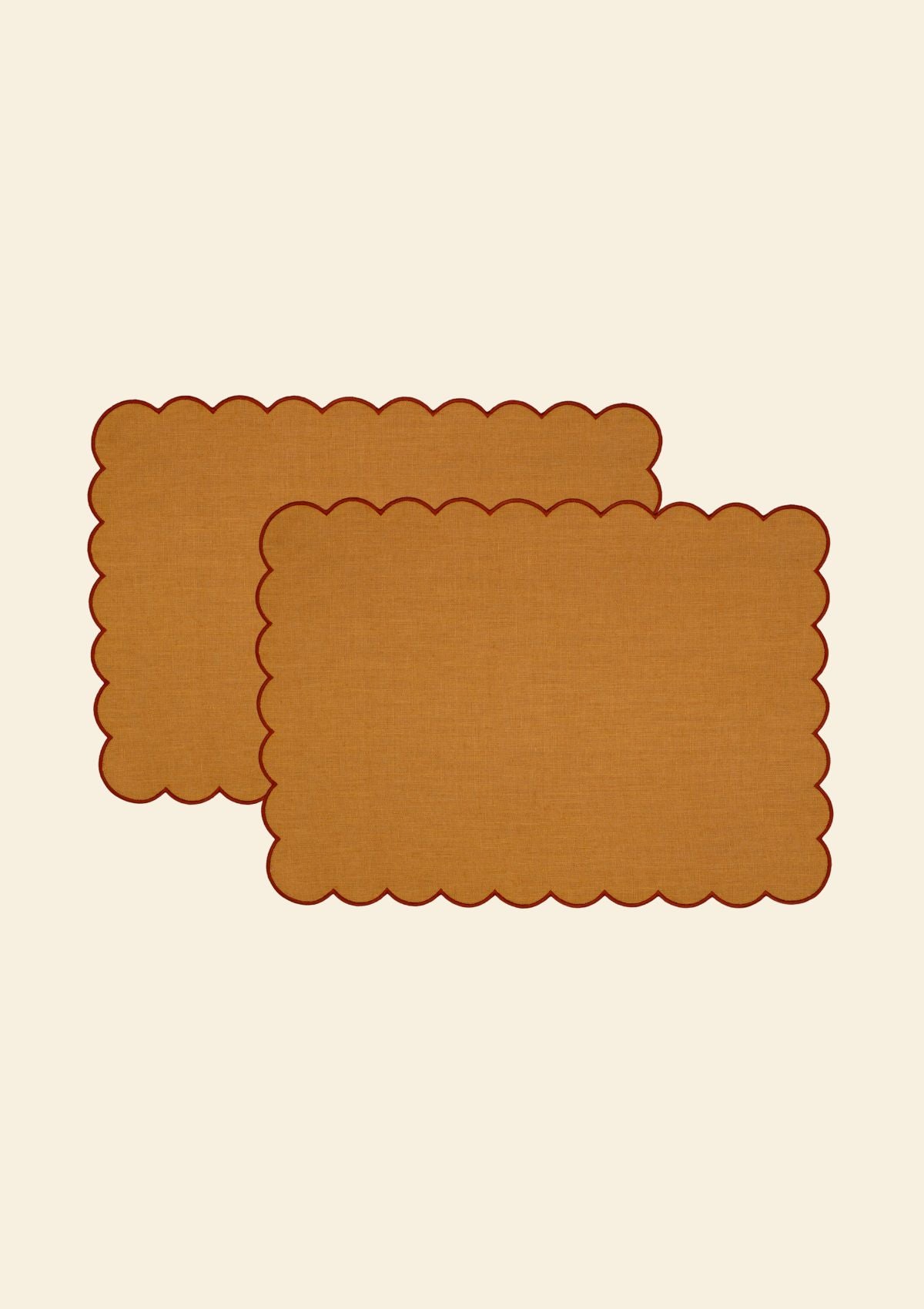 Yellow ocher & red ocher scalloped rectangular linen placemats (set of 2)