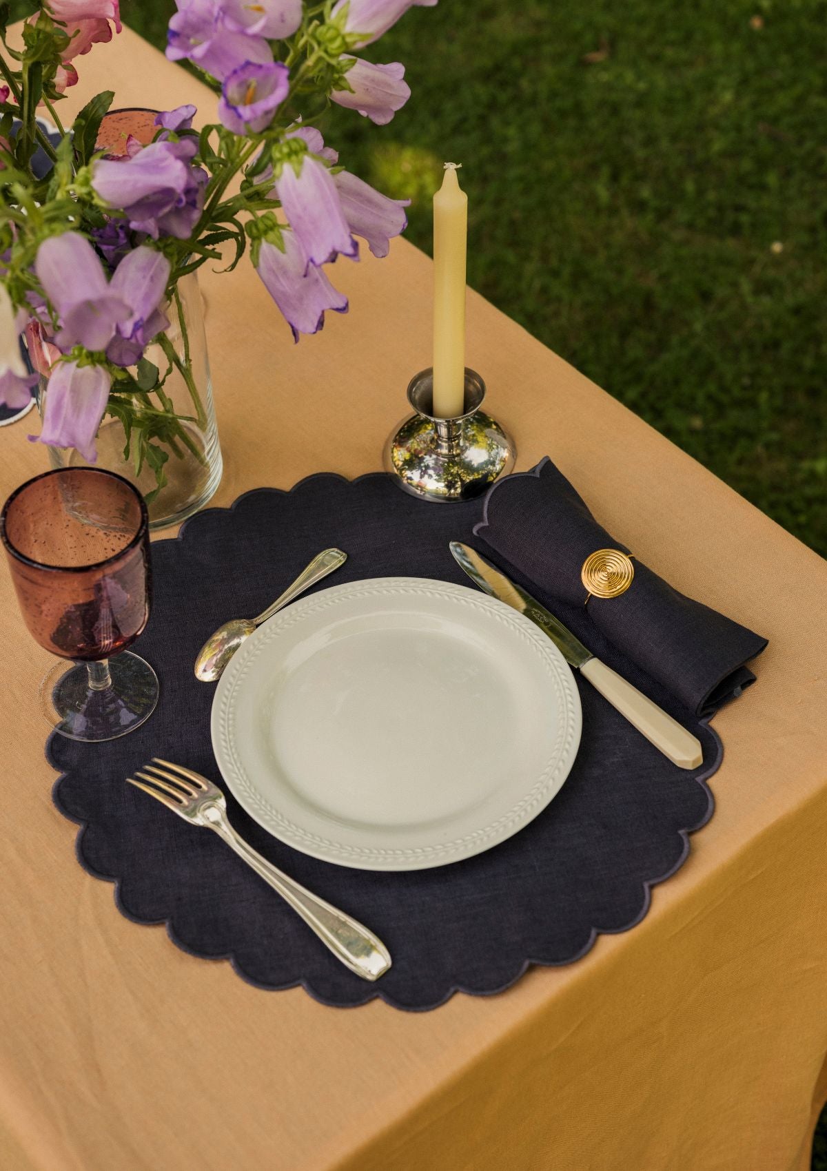 Slate blue scalloped round linen placemats (set of 2)