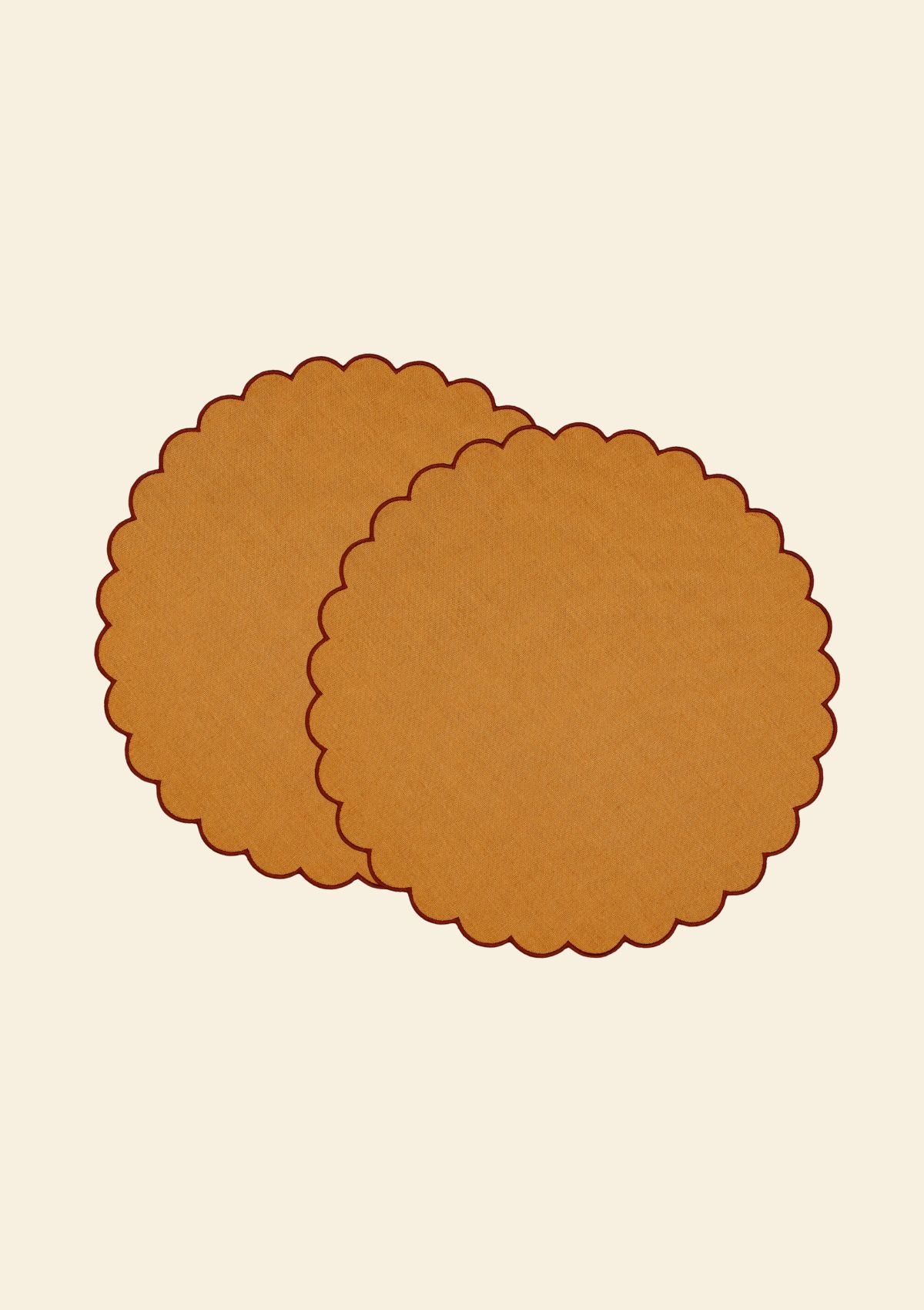 Yellow ocher & red ocher scalloped round linen placemats (set of 2)
