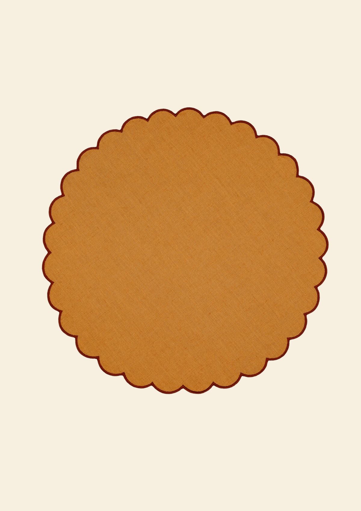 Yellow ocher & red ocher scalloped round linen placemats (set of 2)