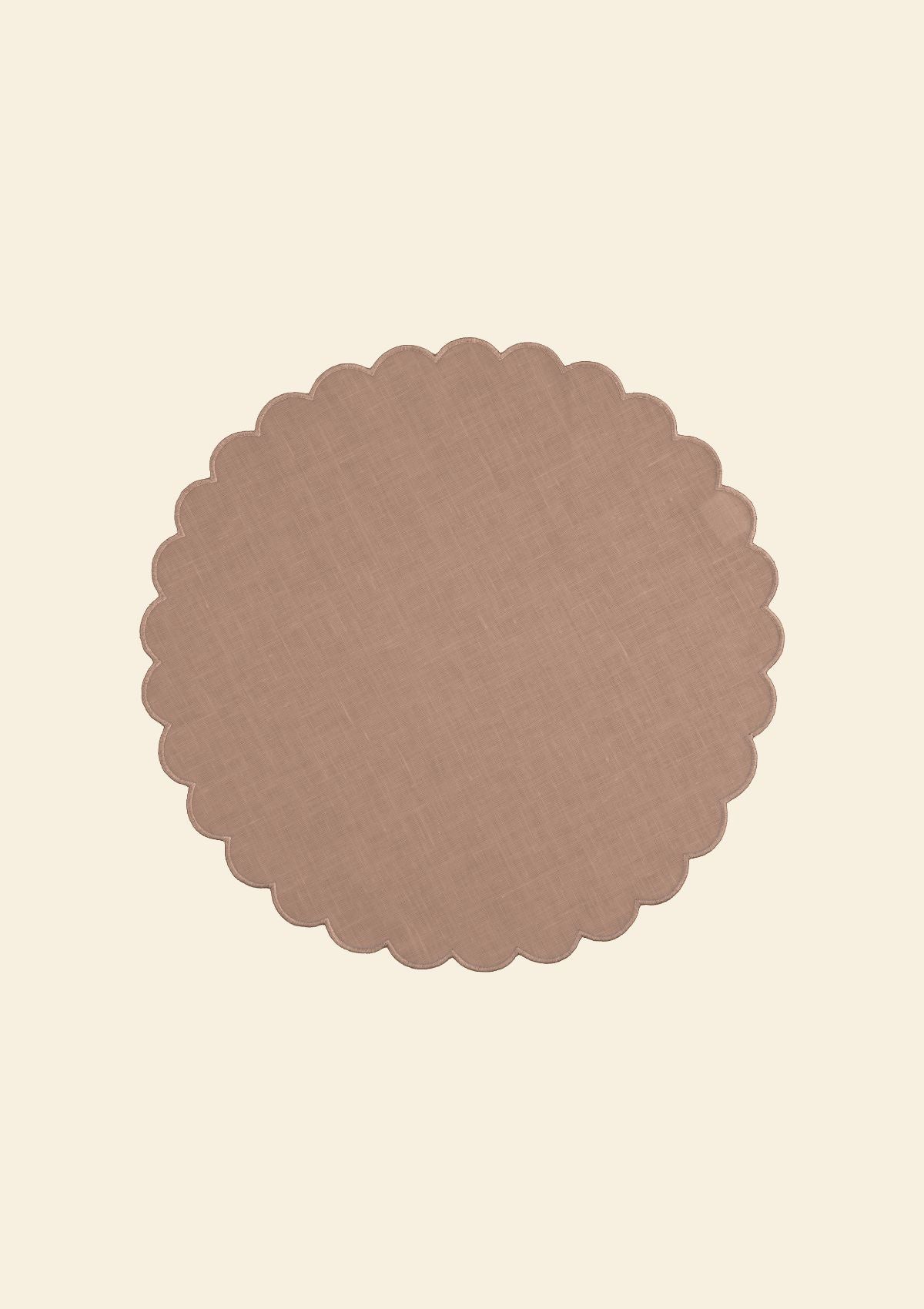 Blushed pink & white scalloped round linen placemats (set of 2)