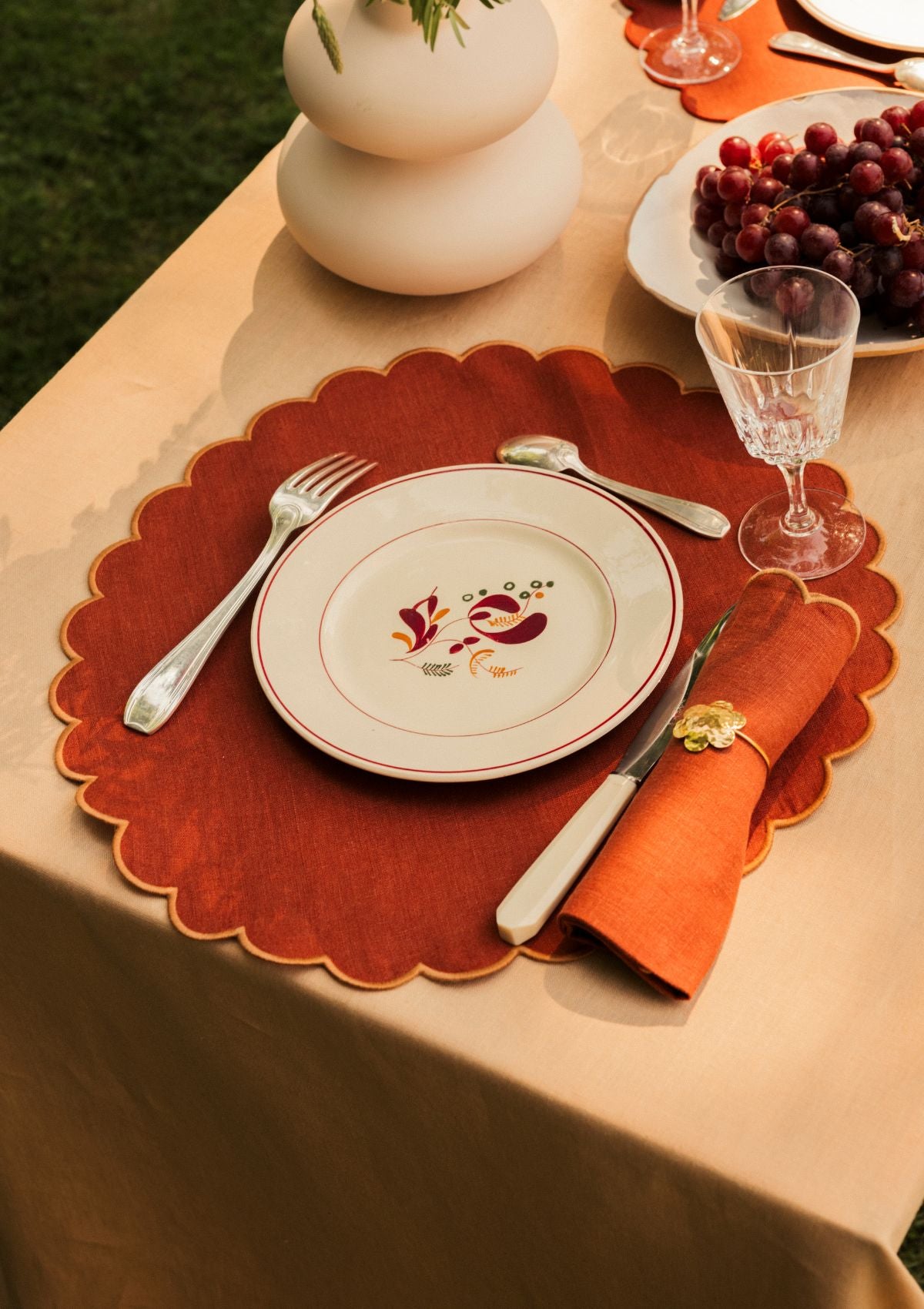 Red ocher & yellow ocher scalloped round linen placemats (set of 2)