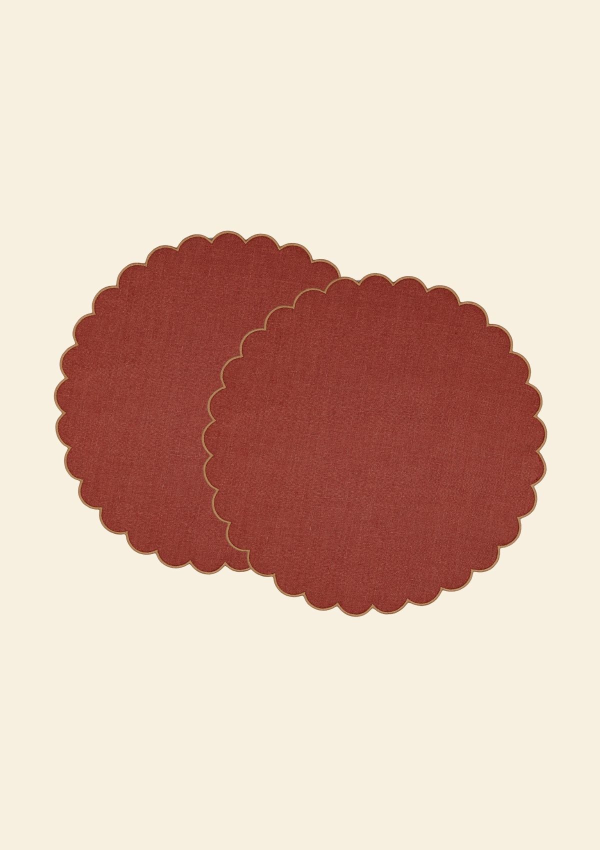 Red ocher & yellow ocher scalloped round linen placemats (set of 2)