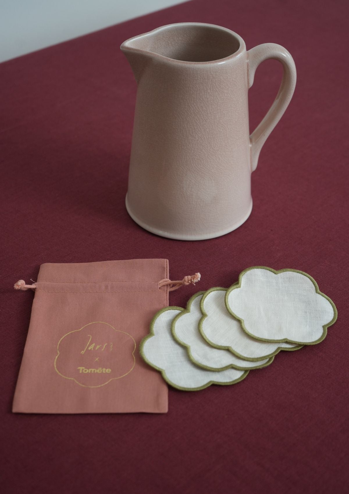 Jars x Tomète - pink pitcher and ivory & green coaster set