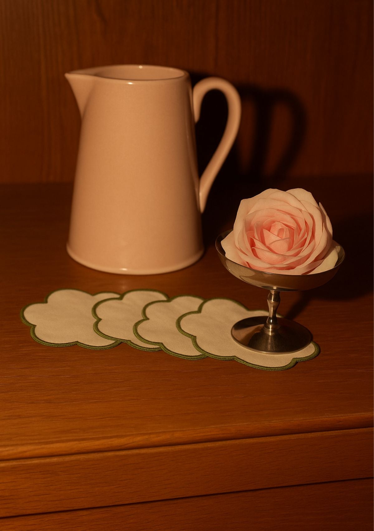 Jars x Tomète - coffret pichet rose et dessous de verre ivoire & vert