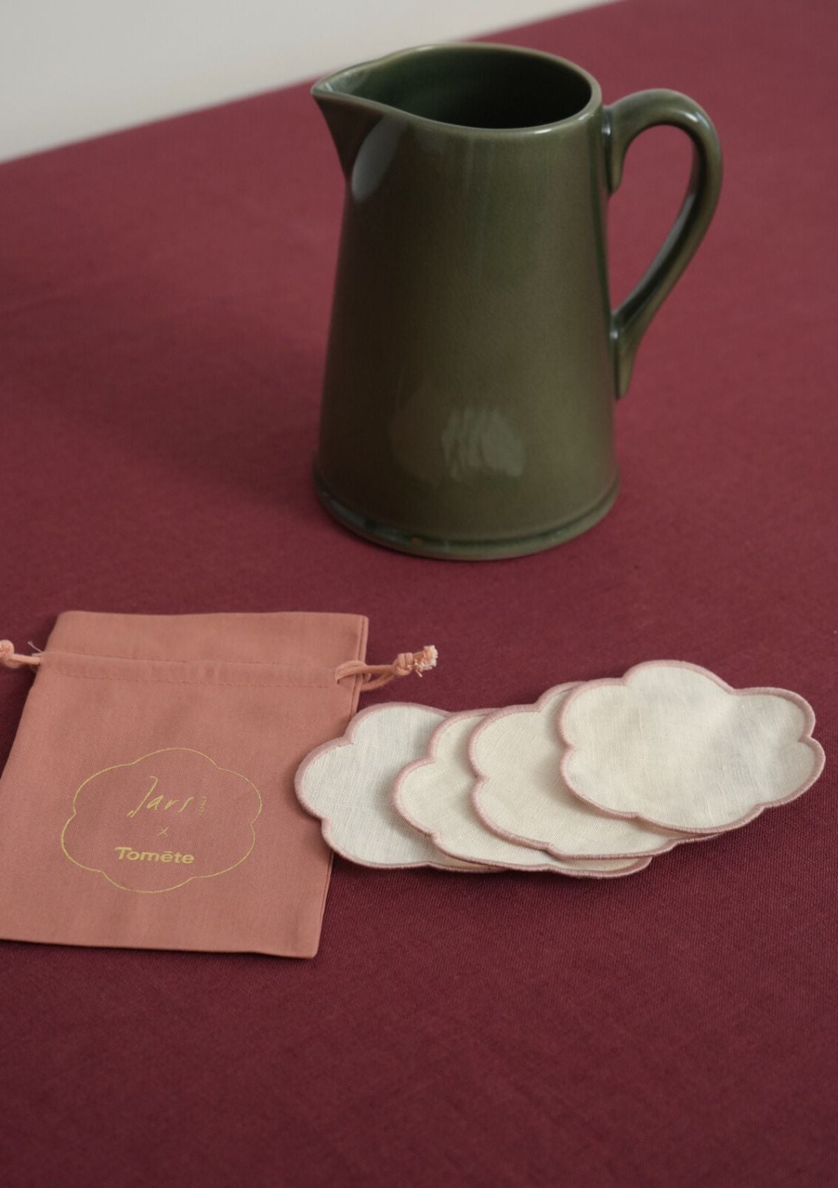 Jars x Tomète - green pitcher and ivory & pink coaster set