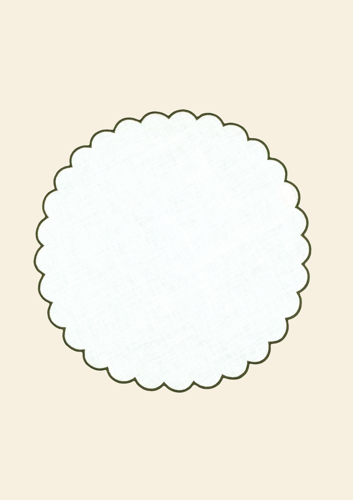 Scalloped round placemats in White & Forest green linen