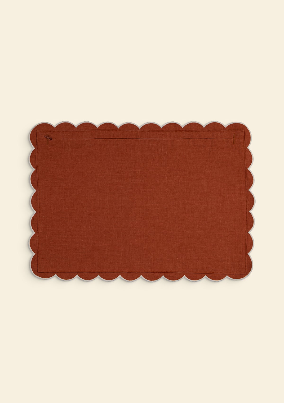 Scalloped rectangular linen cushion Red ocher & White