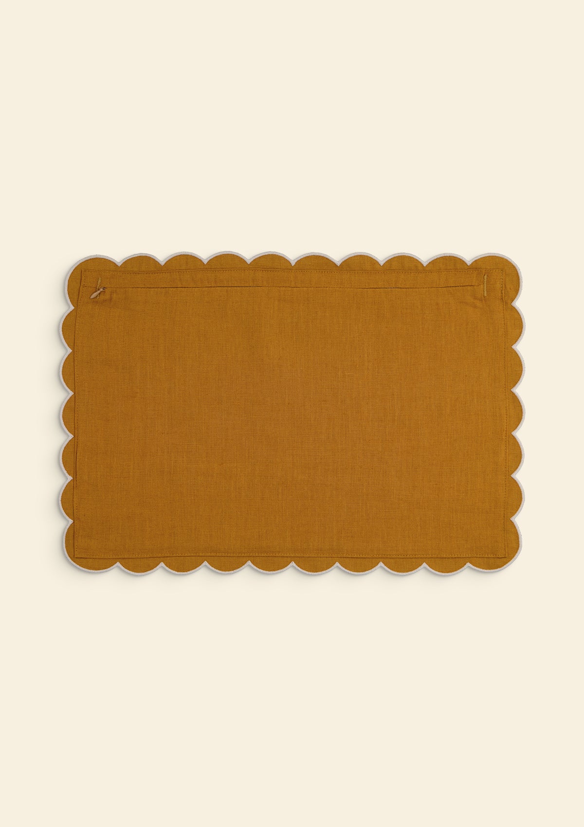 The rectangular scalloped linen cushion Yellow Ocher & White