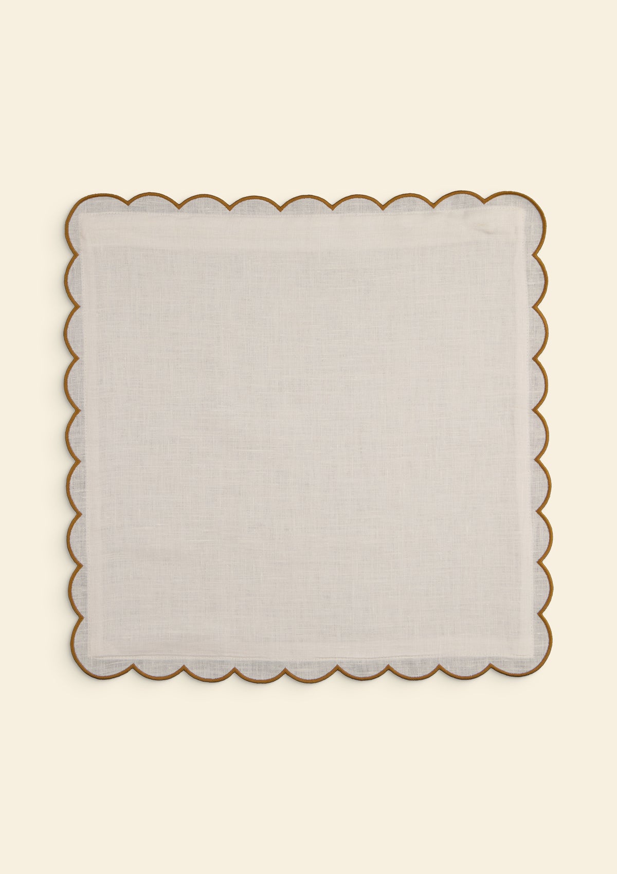 The square scalloped linen cushion in White & Yellow ocher