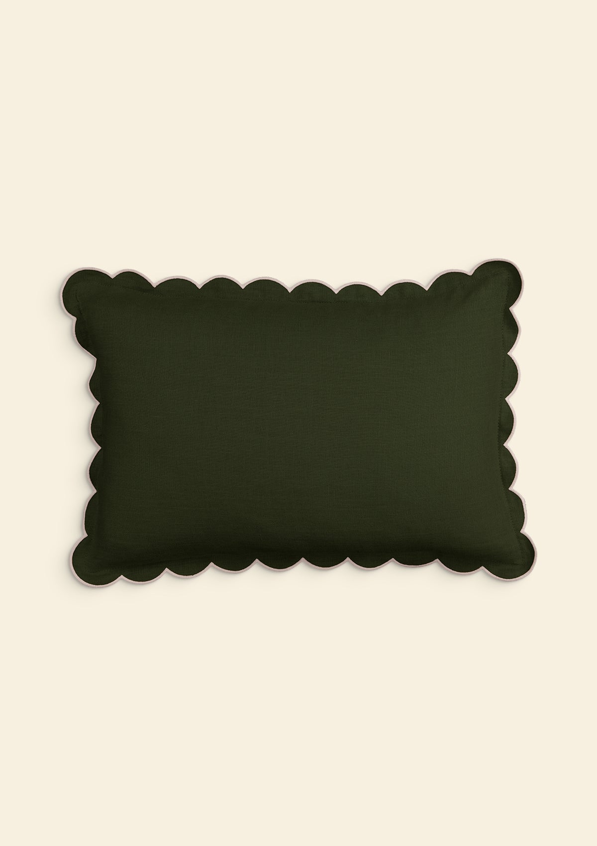 Rectangular scalloped linen cushion Forest green & White