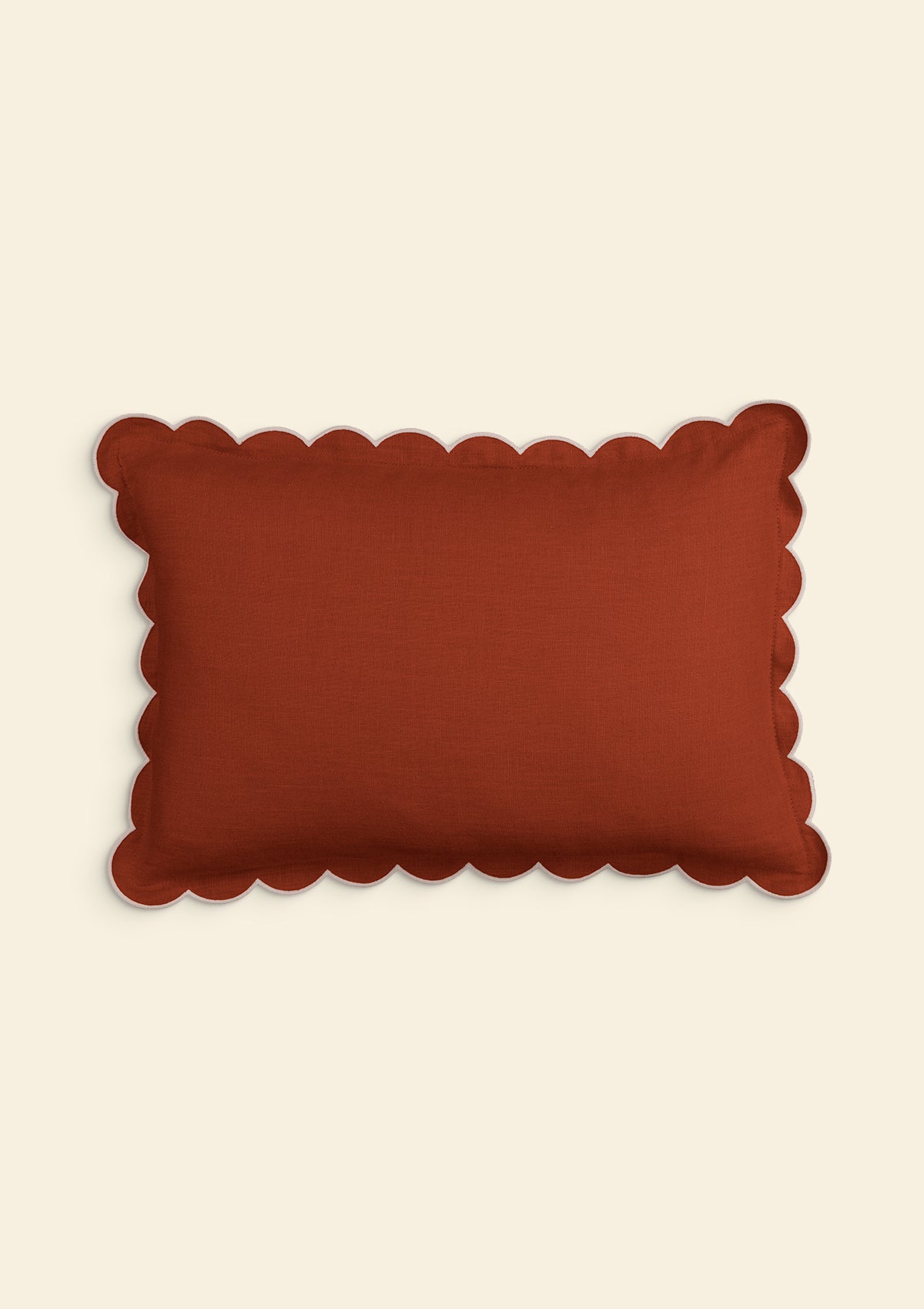 Scalloped rectangular linen cushion Red ocher & White