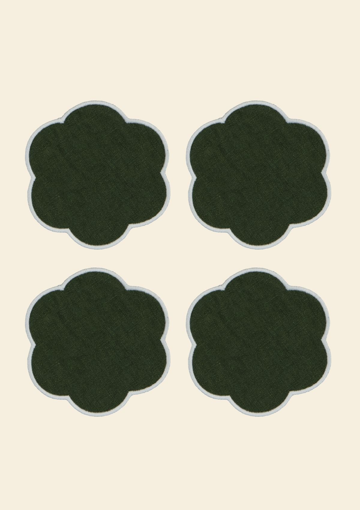 Scalloped linen coasters Forest Green &amp; White
