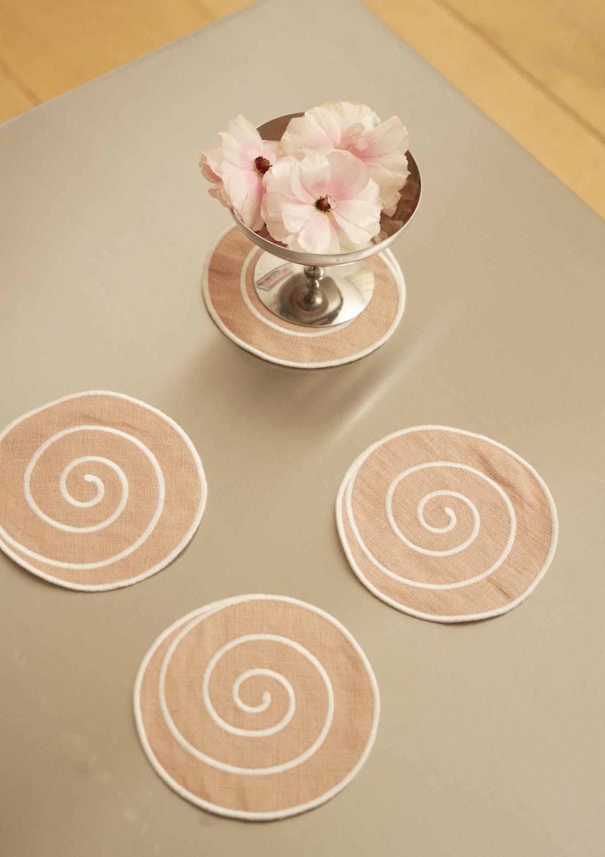 Volute Powder Pink & White linen coasters (set of 4)