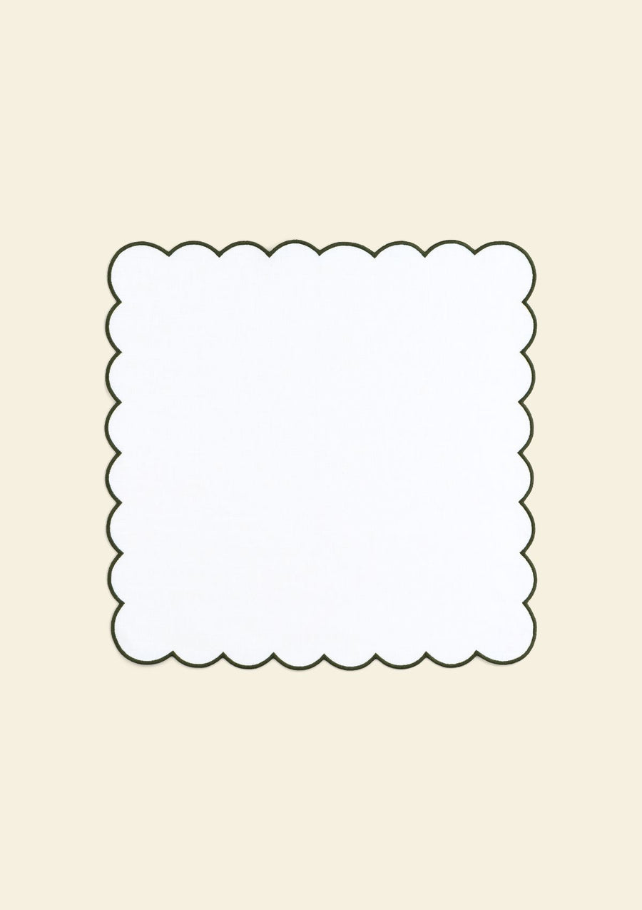 White & forest green scalloped linen napkin