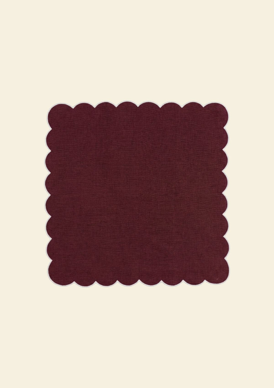 Burgundy and white scalloped linen napkin