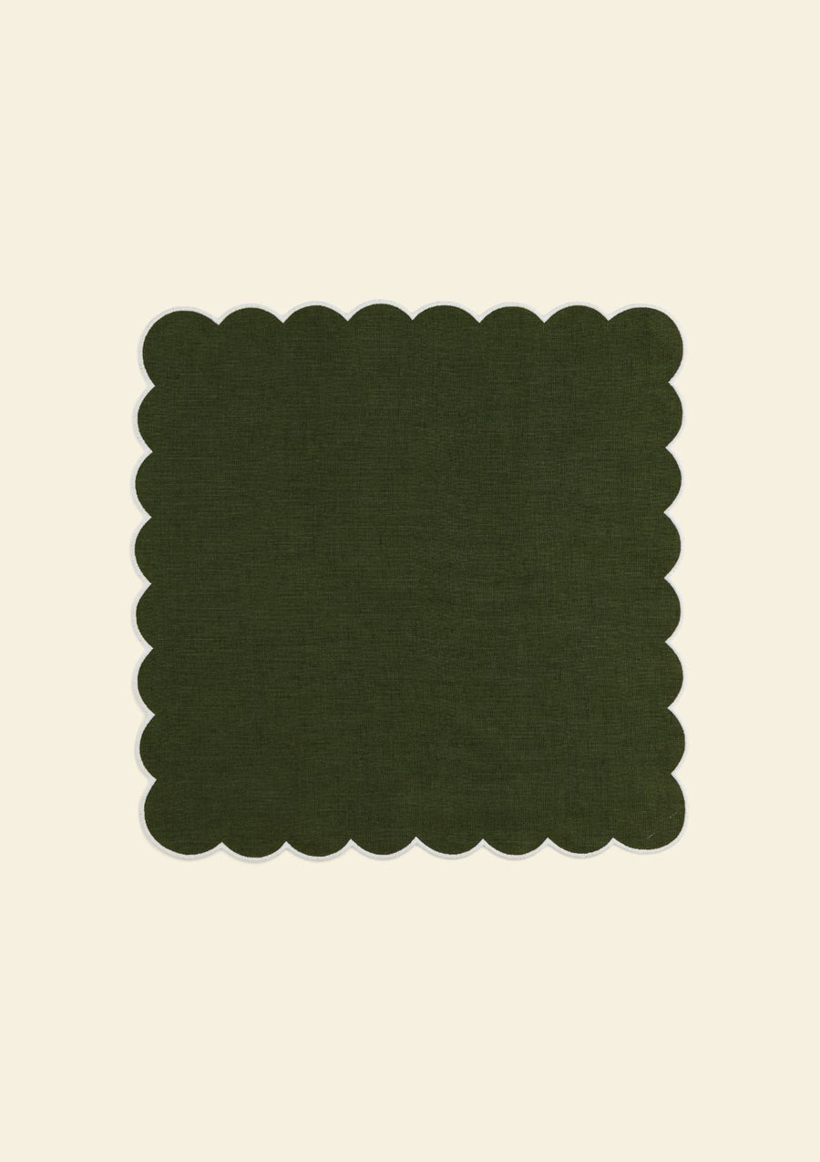 Forest green & white scalloped linen napkin 