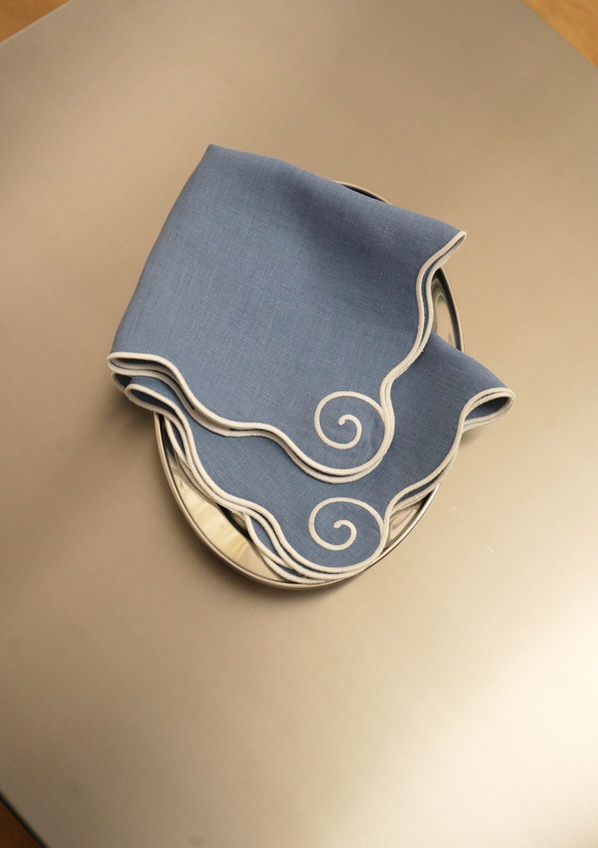 Volute Powder Blue & White linen napkin