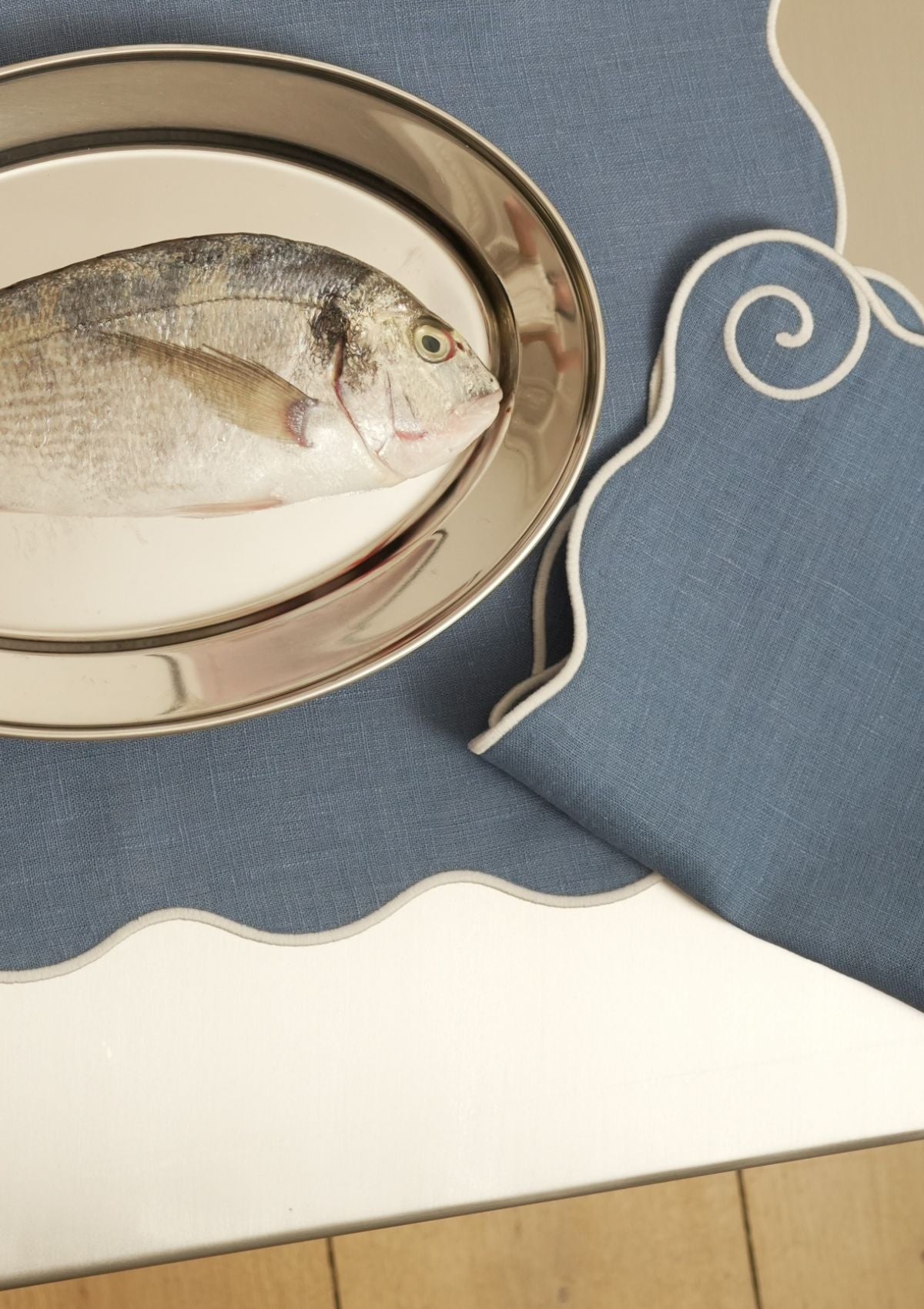 Volute Powder Blue & White linen napkin