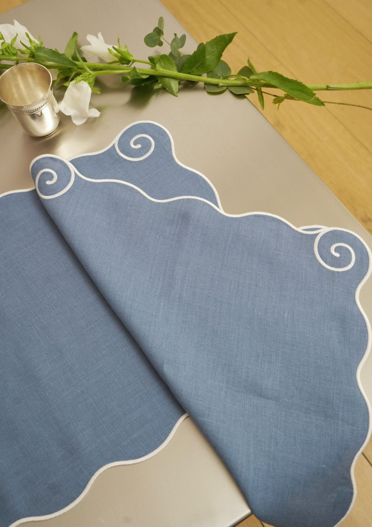 Volute Powder Blue & White linen napkin