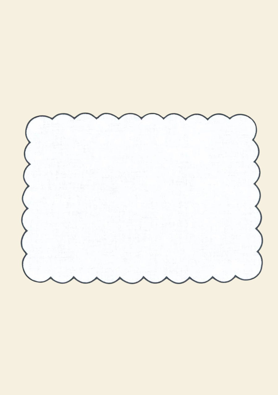 White & slate blue scalloped rectangular linen placemat