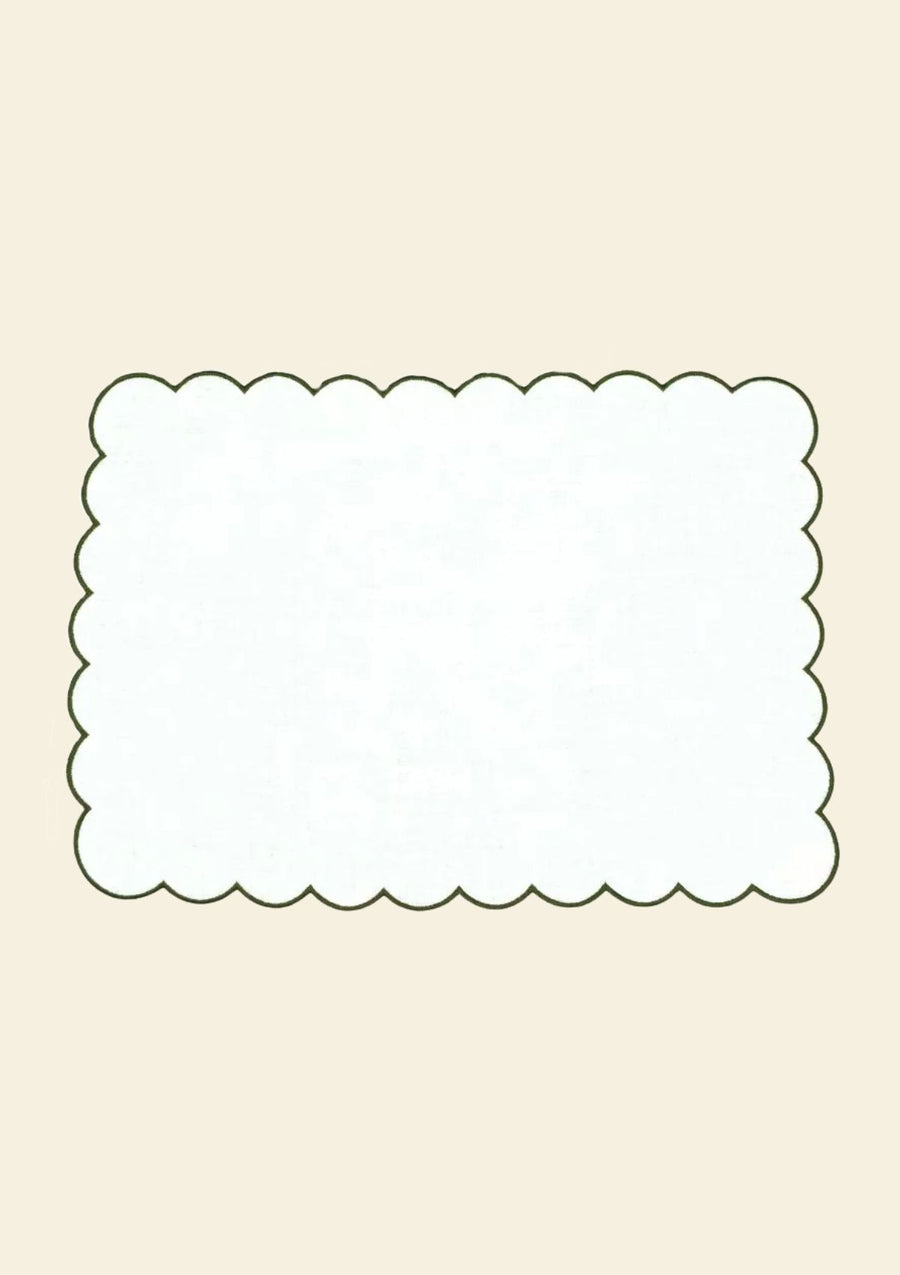 White & forest green scalloped rectangular linen placemat