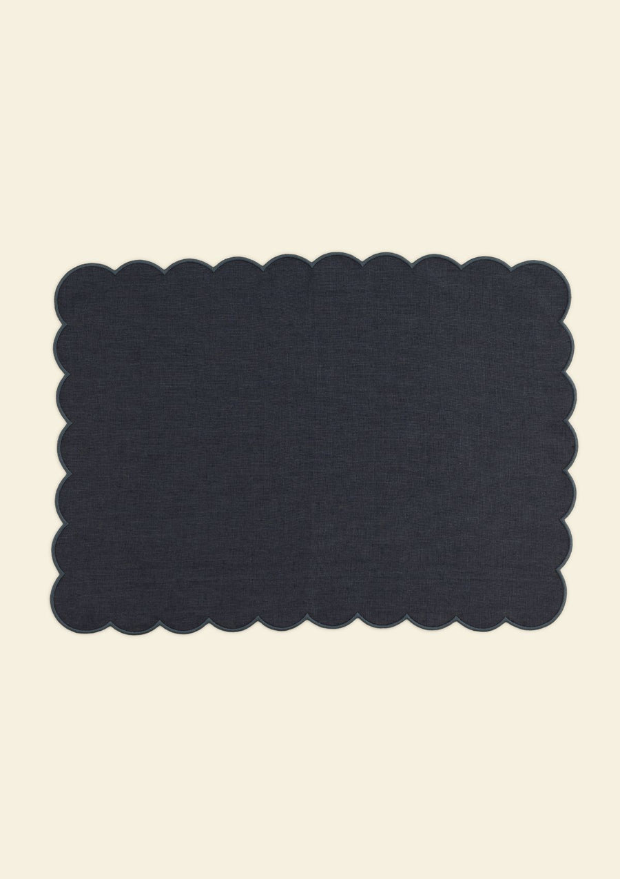 Slate blue scalloped rectangular linen placemat