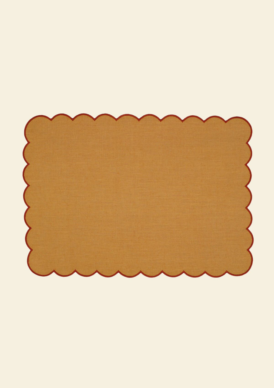 Yellow ocher & red ocher scalloped rectangular linen placemat