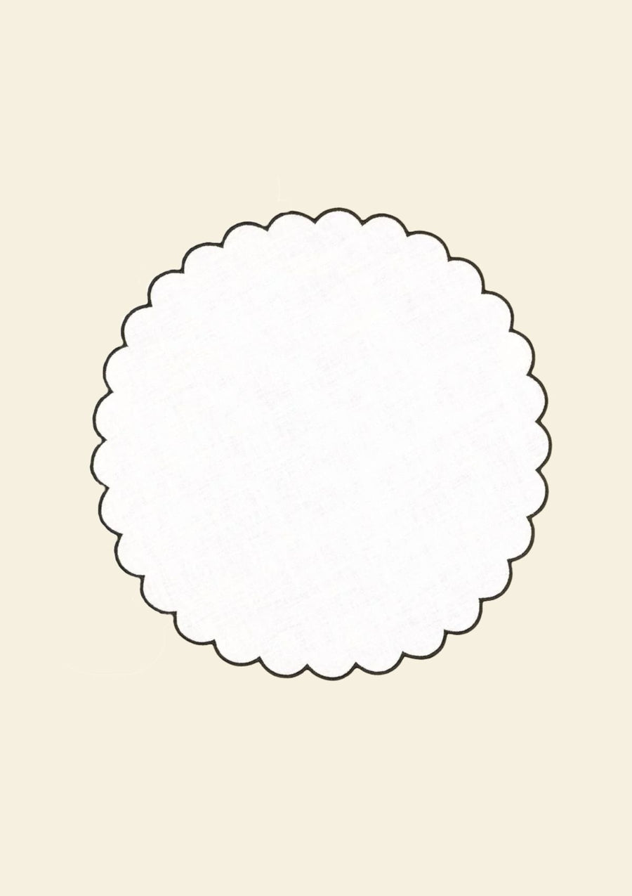 White & Slate blue scalloped round linen placemat 